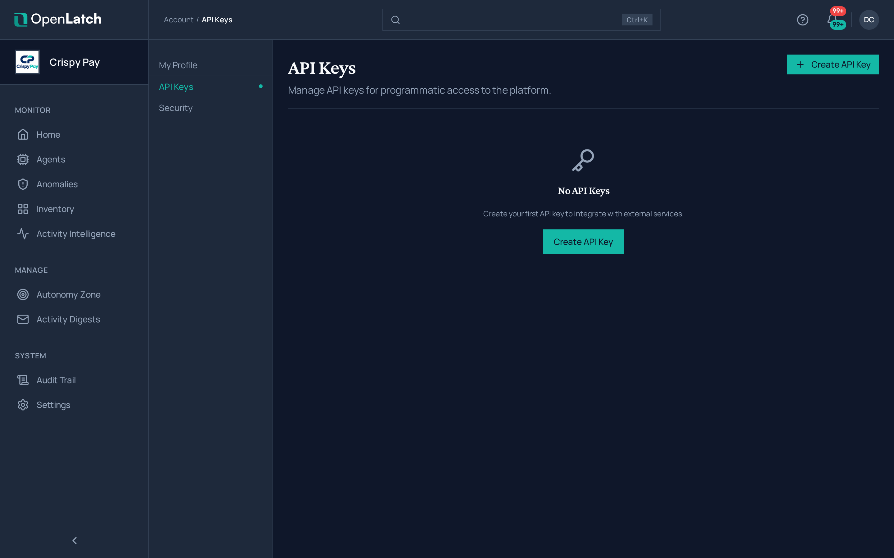 The API keys page of the OpenLatch console, in the Crispy Pay demo organization.