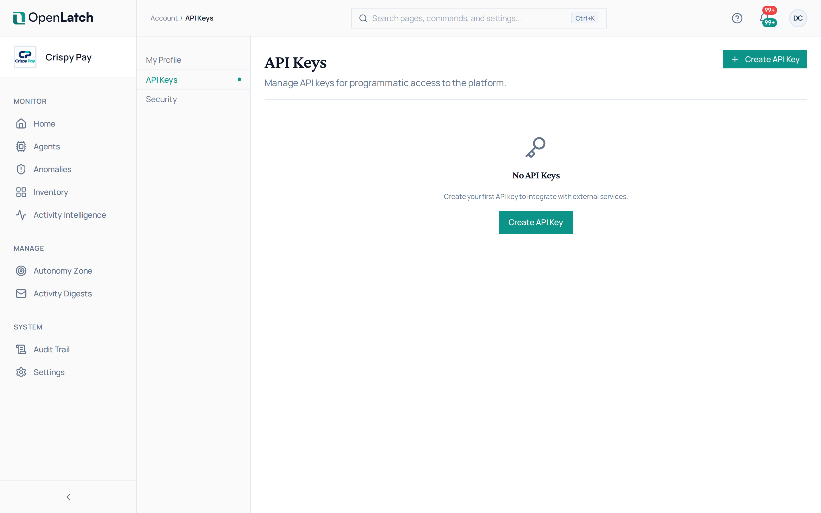 The API keys page of the OpenLatch console, in the Crispy Pay demo organization.