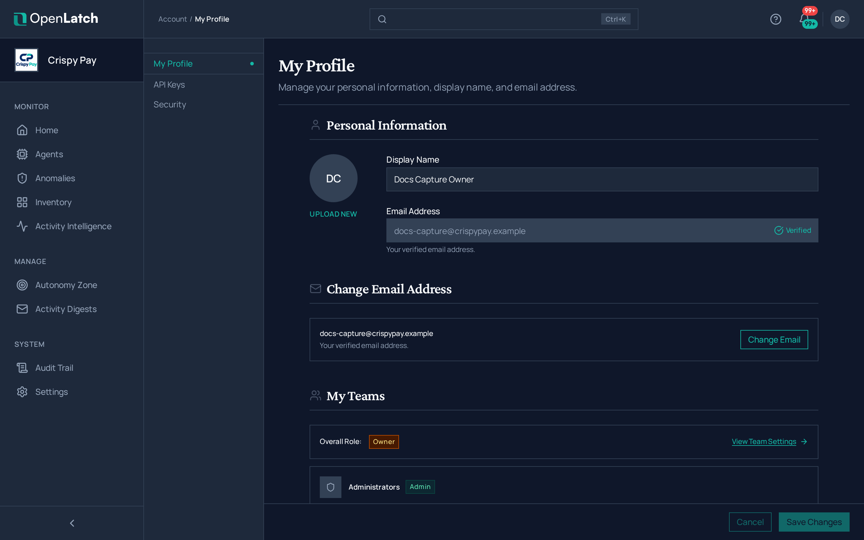 The Profile page of the OpenLatch console, in the Crispy Pay demo organization.