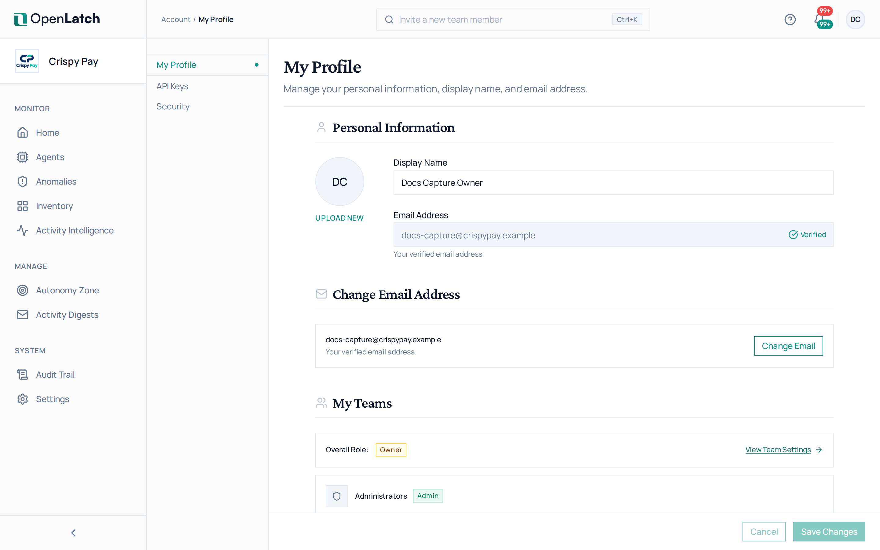 The Profile page of the OpenLatch console, in the Crispy Pay demo organization.