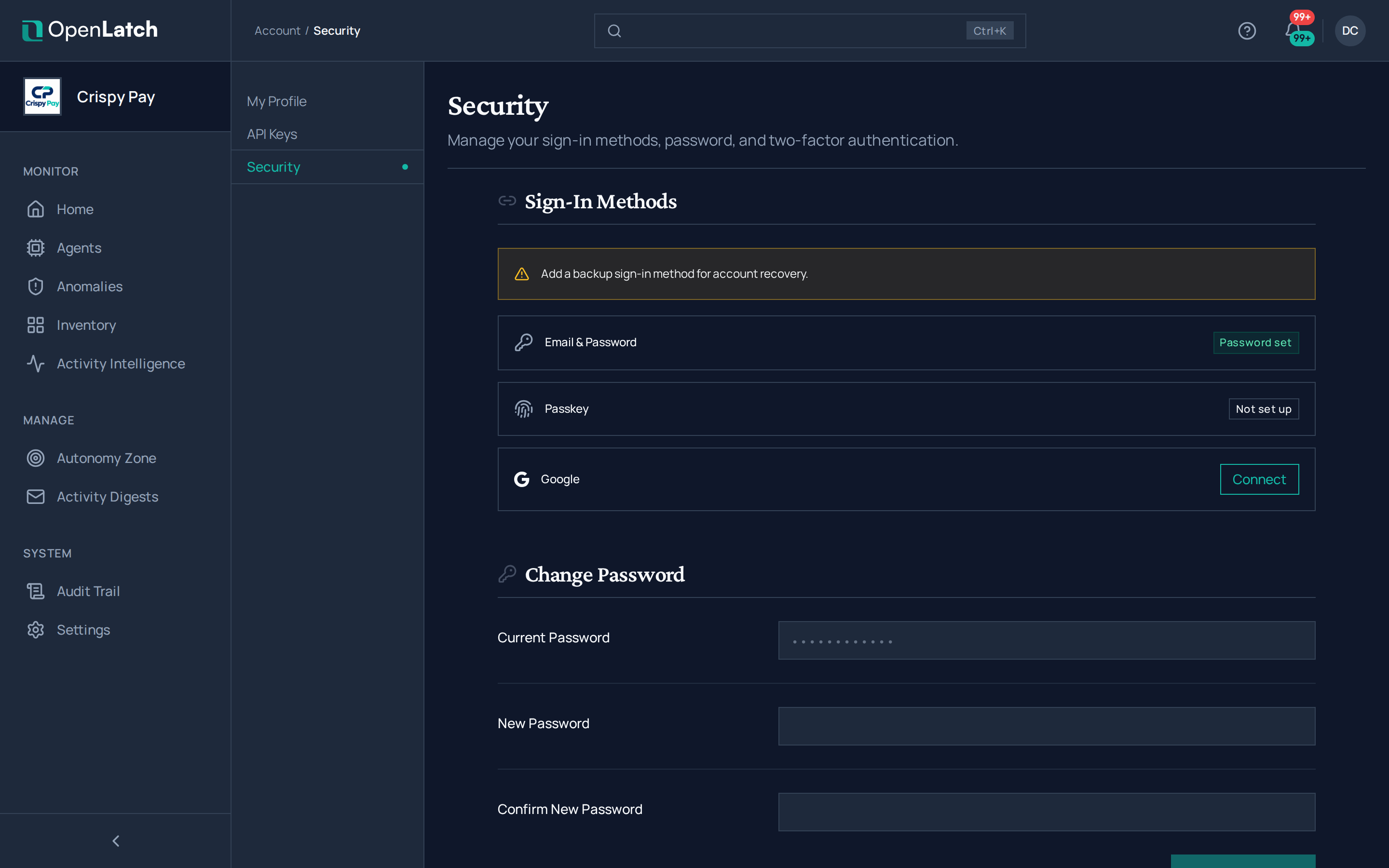 The Account security page of the OpenLatch console, in the Crispy Pay demo organization.