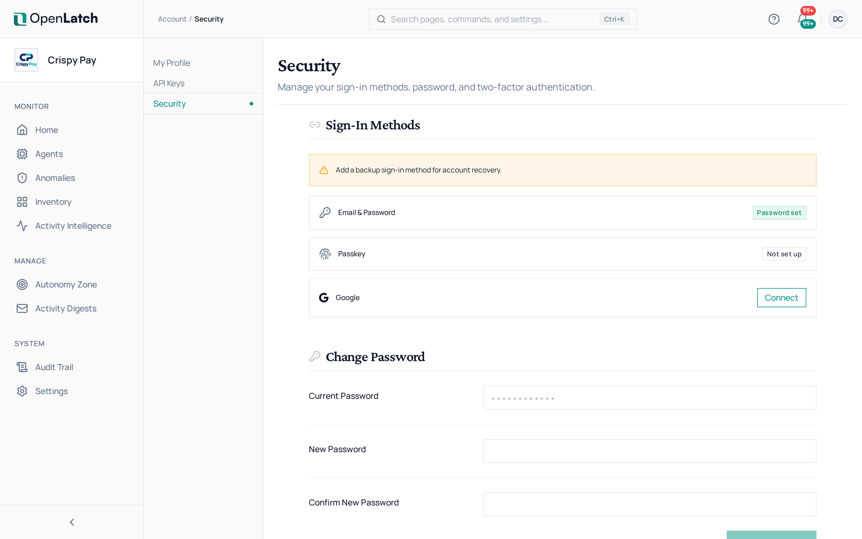 The Account security page of the OpenLatch console, in the Crispy Pay demo organization.