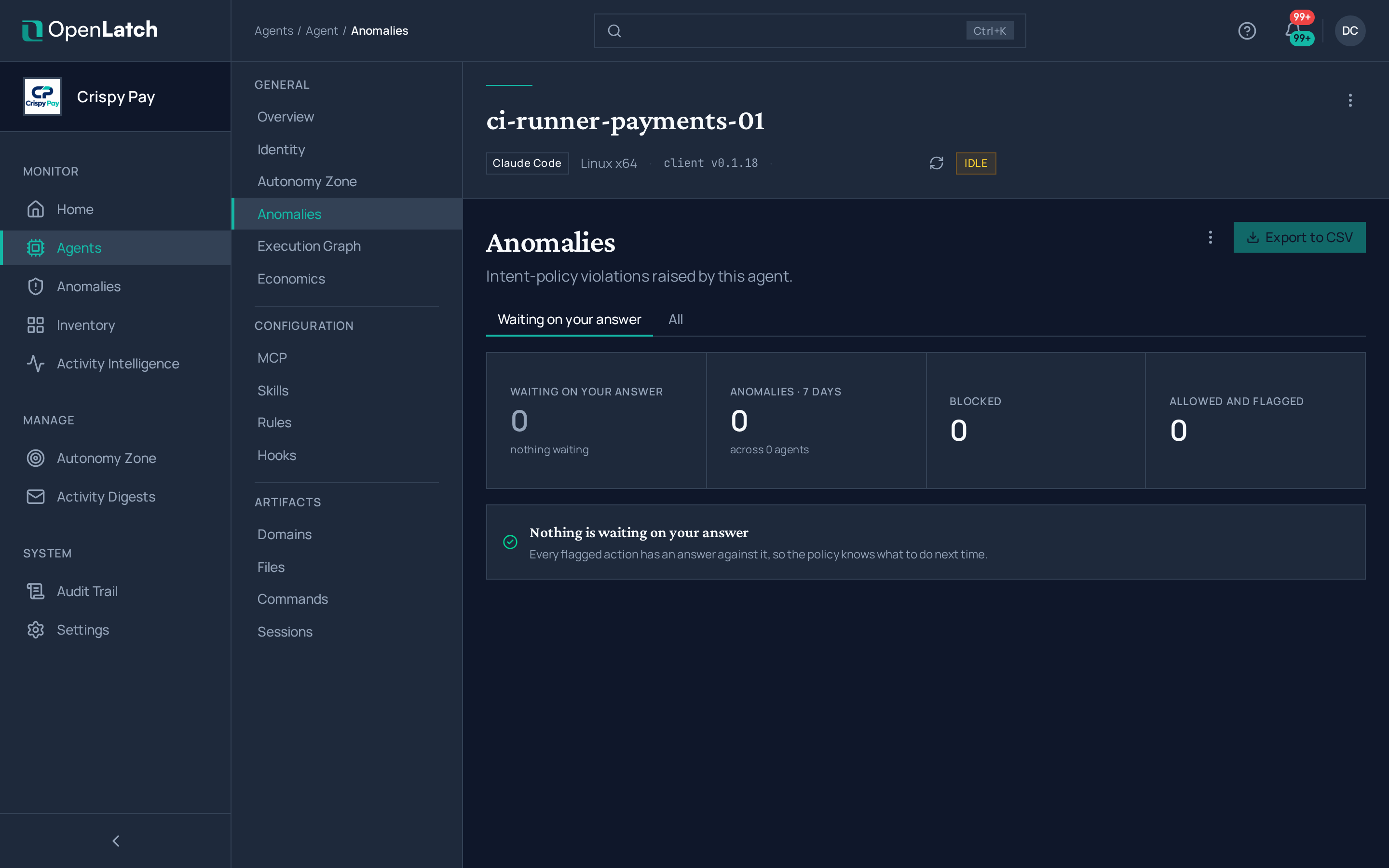 The Anomalies tab of an agent in the OpenLatch console, in the Crispy Pay demo organization.
