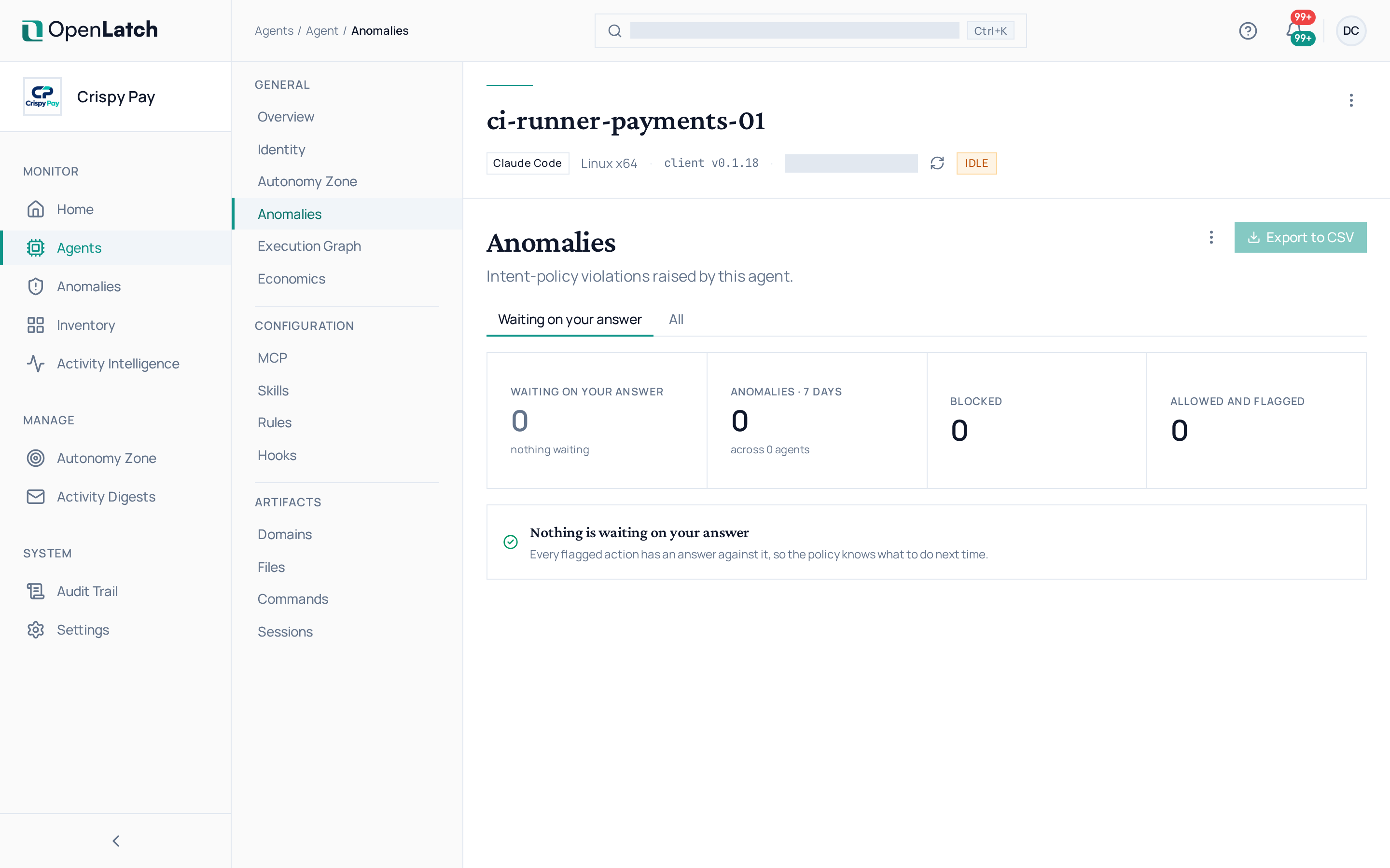 The Anomalies tab of an agent in the OpenLatch console, in the Crispy Pay demo organization.