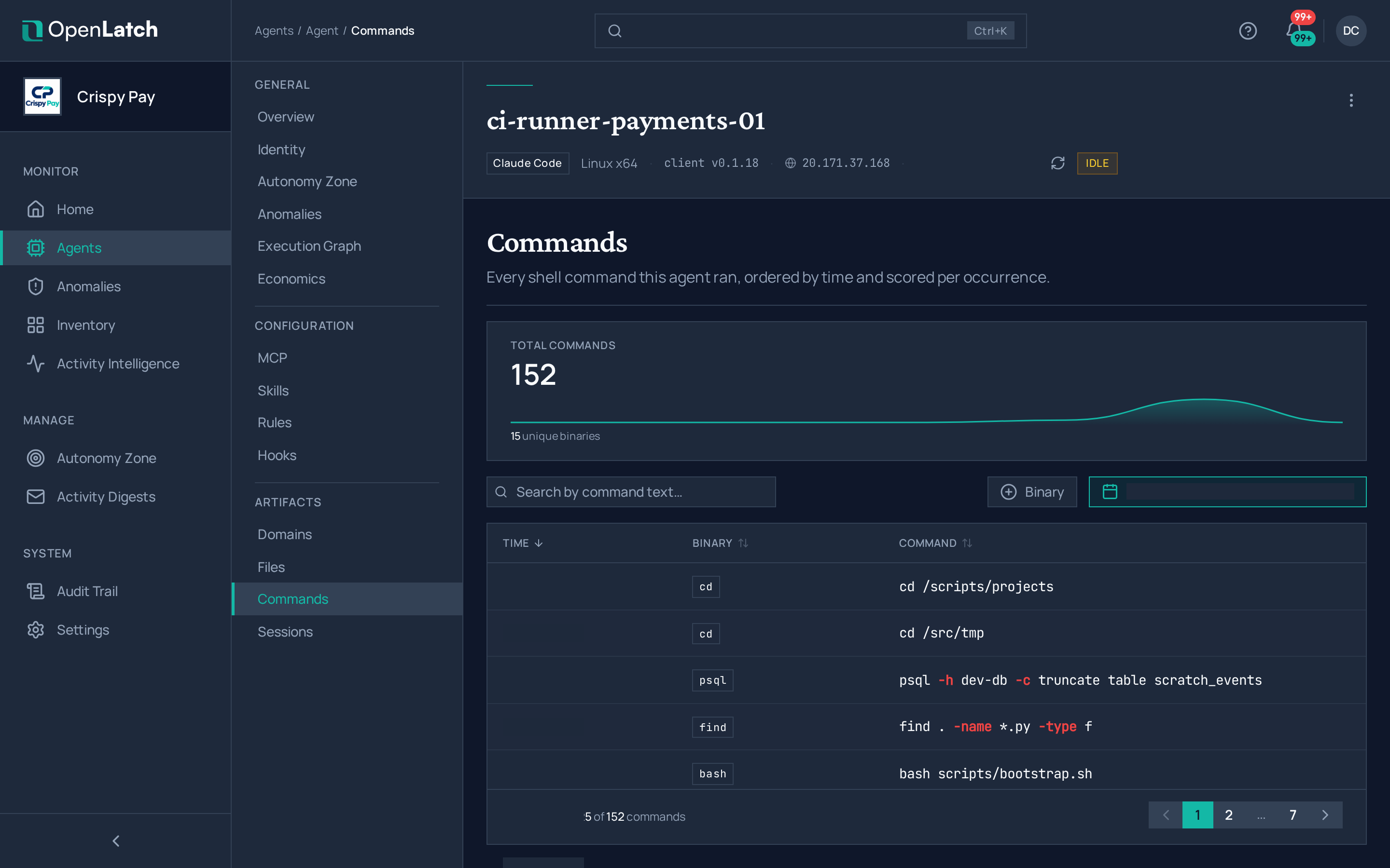 The Commands tab of an agent in the OpenLatch console, in the Crispy Pay demo organization.