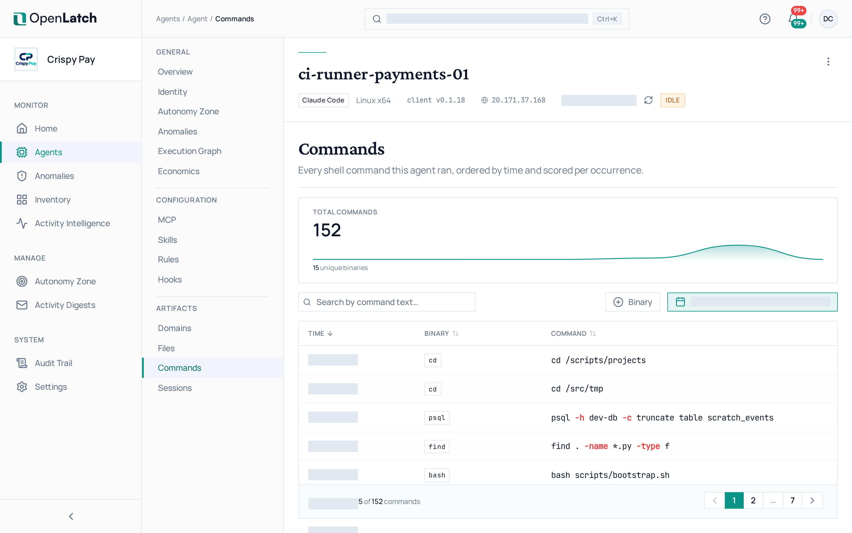 The Commands tab of an agent in the OpenLatch console, in the Crispy Pay demo organization.