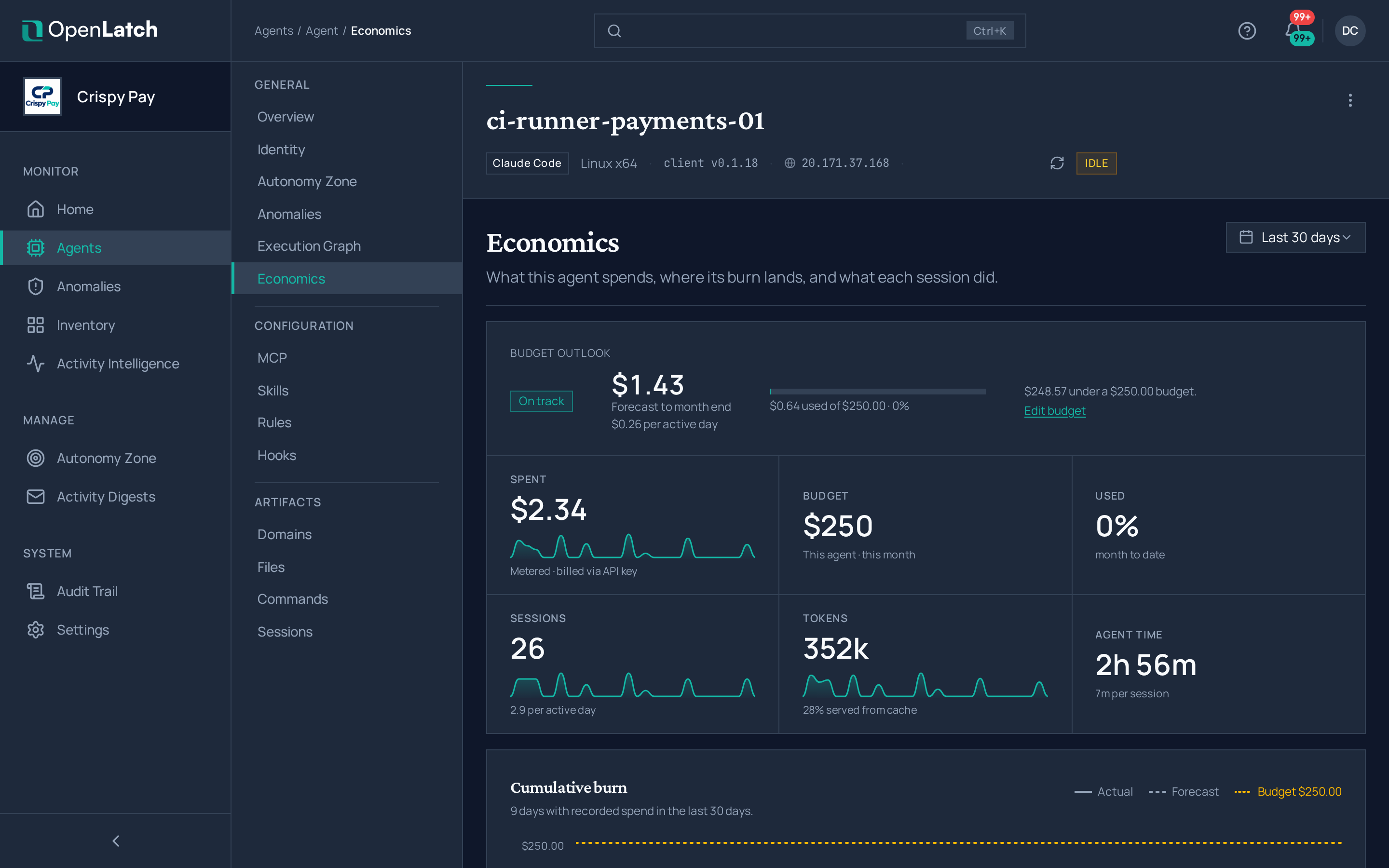 The Economics tab of an agent in the OpenLatch console, in the Crispy Pay demo organization.