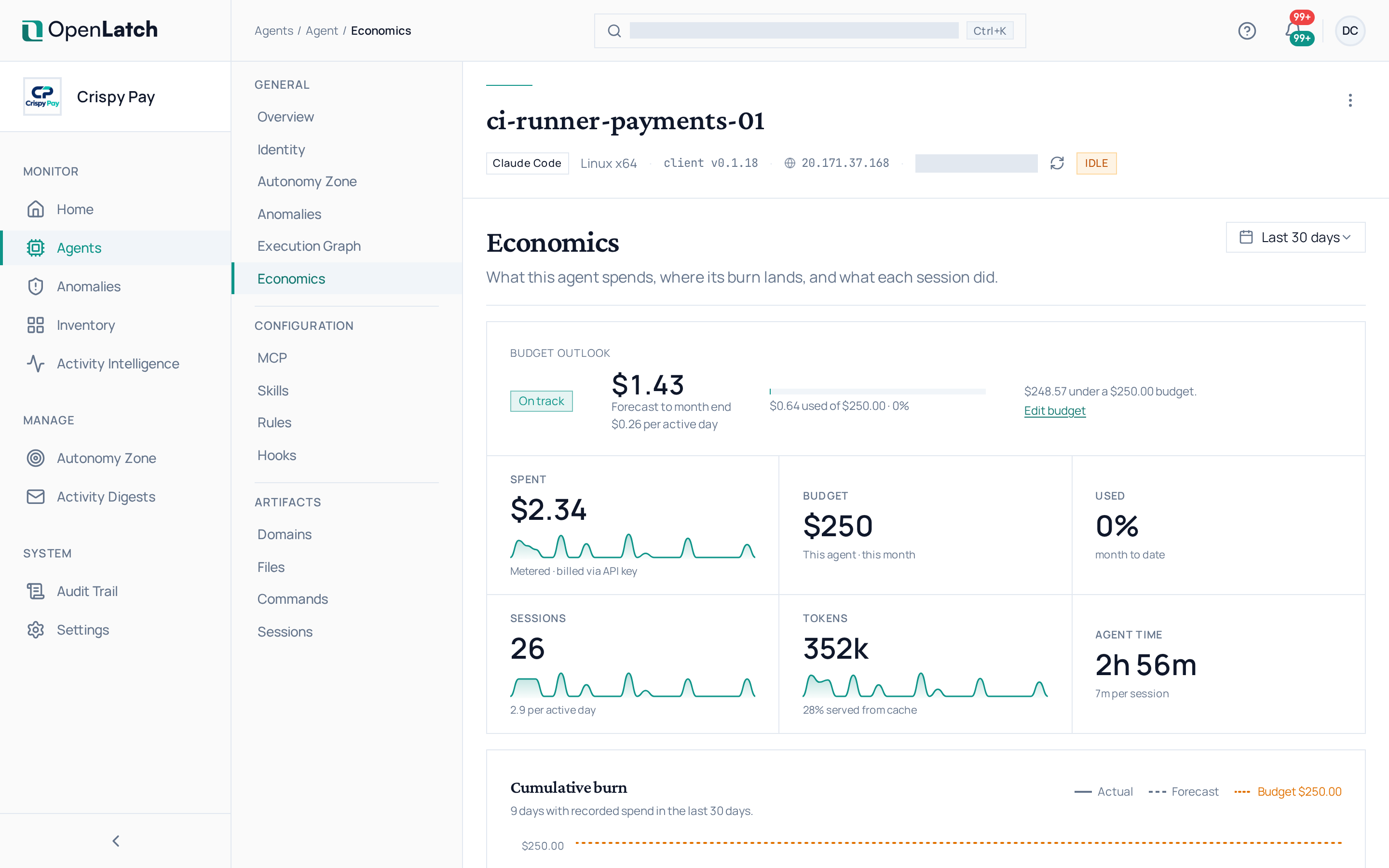 The Economics tab of an agent in the OpenLatch console, in the Crispy Pay demo organization.