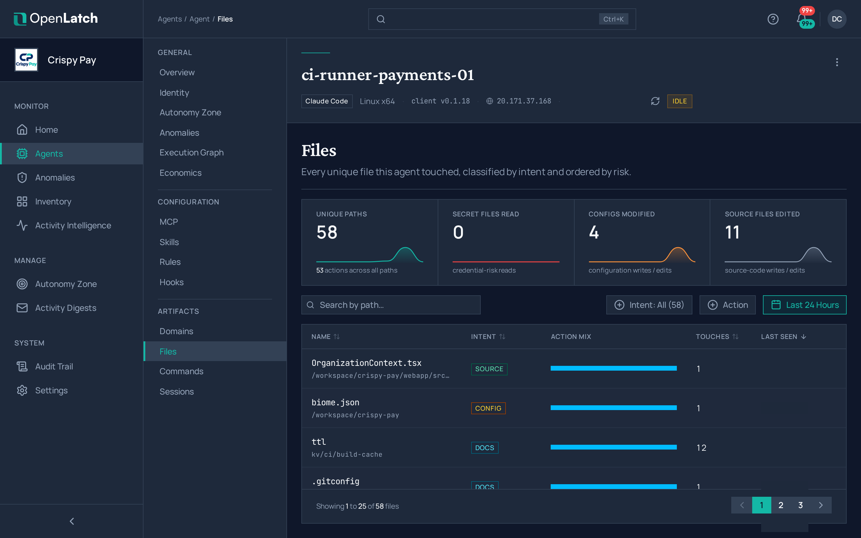 The Files tab of an agent in the OpenLatch console, in the Crispy Pay demo organization.