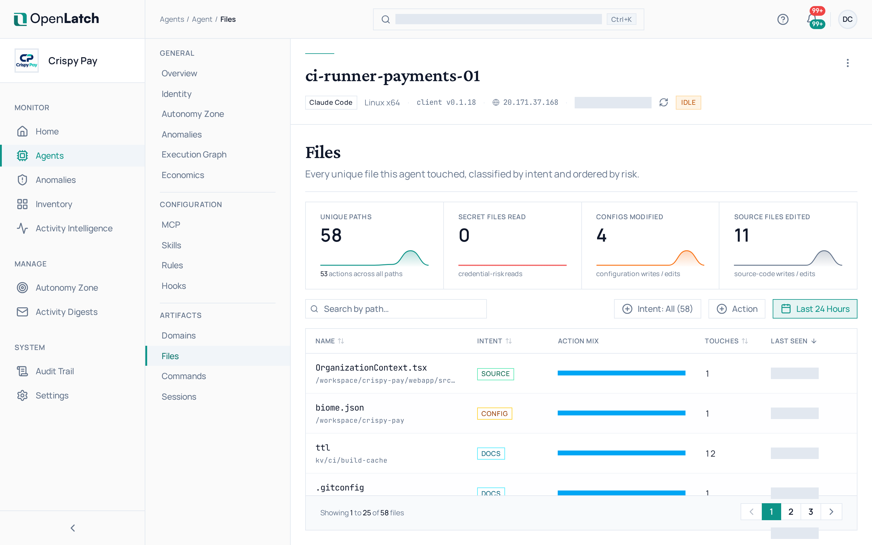 The Files tab of an agent in the OpenLatch console, in the Crispy Pay demo organization.