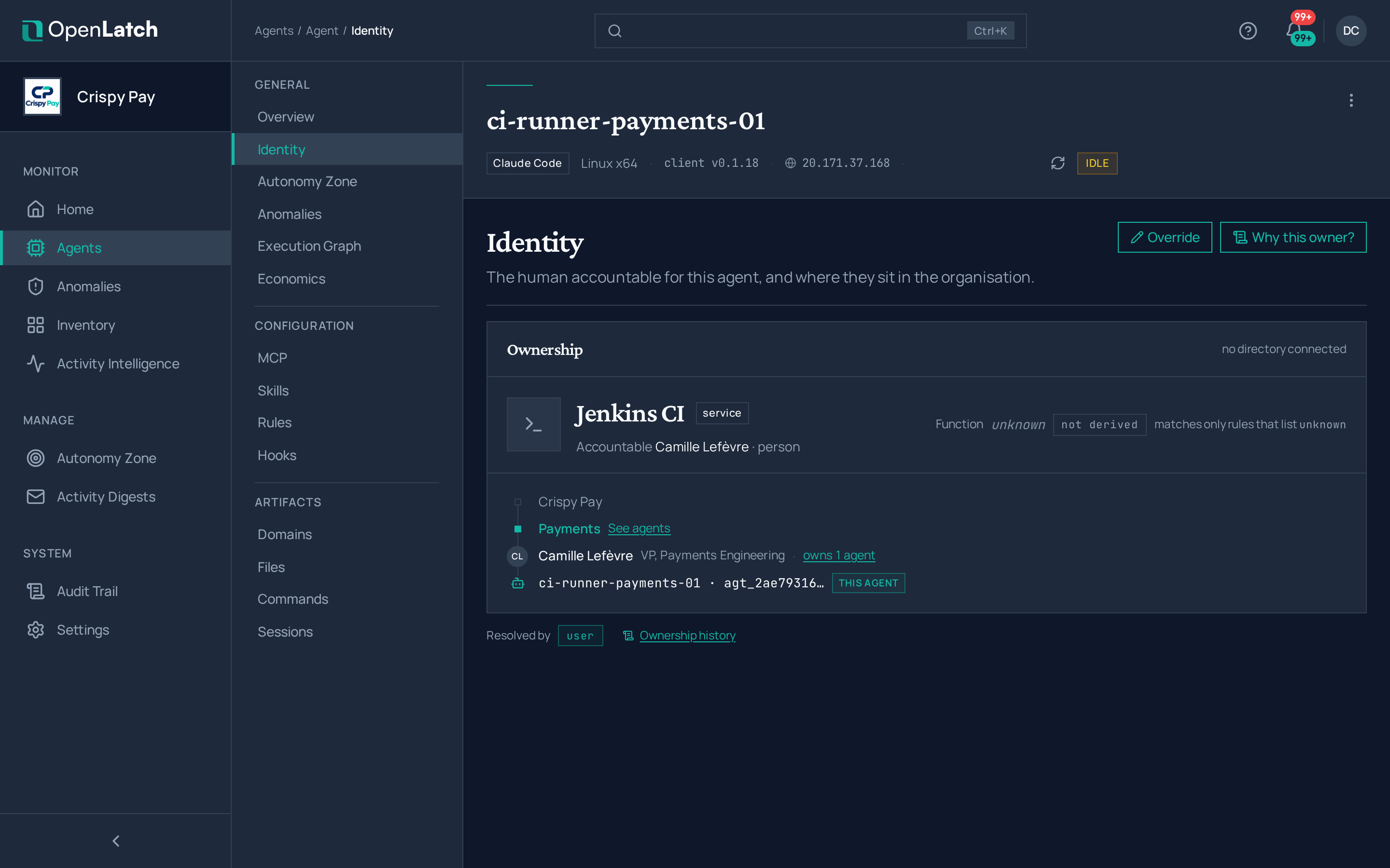 The Identity tab of an agent in the OpenLatch console, in the Crispy Pay demo organization.