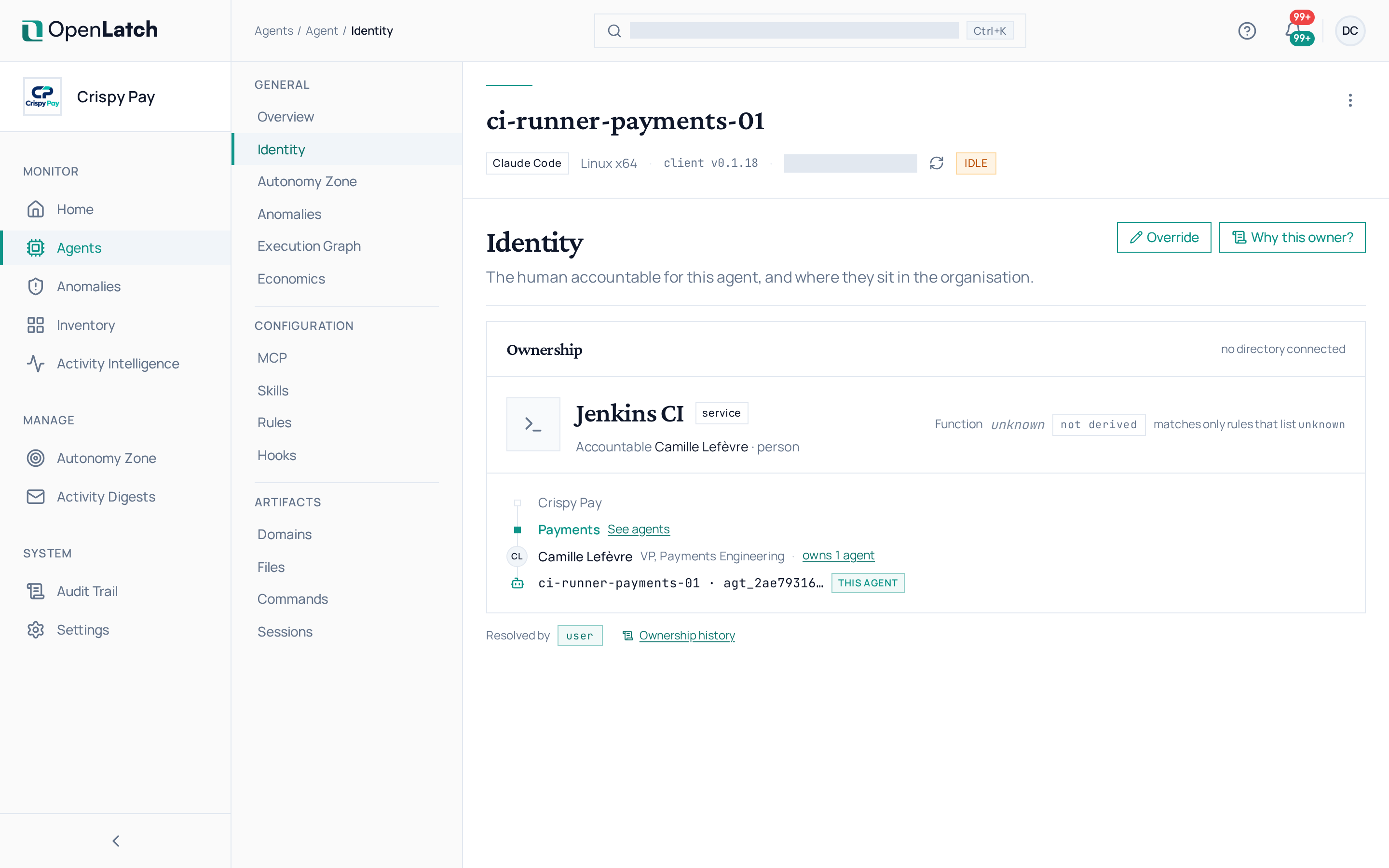 The Identity tab of an agent in the OpenLatch console, in the Crispy Pay demo organization.