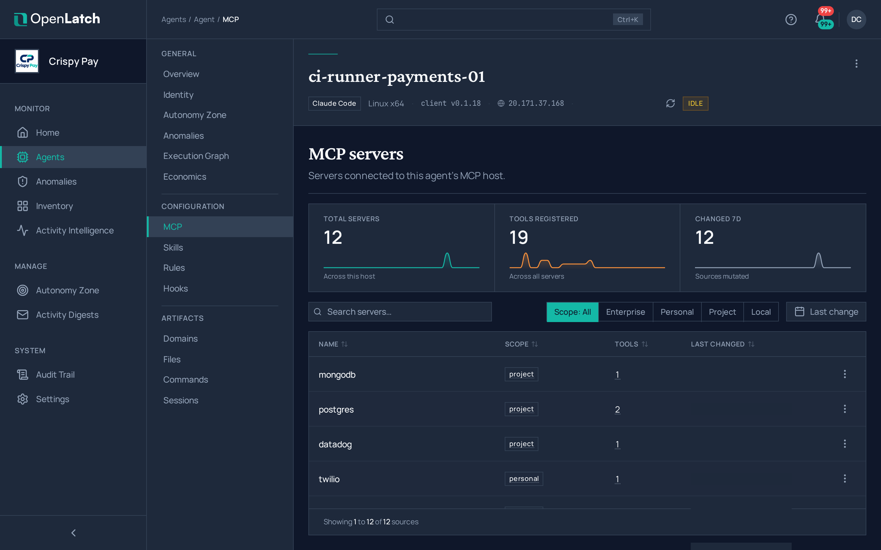 The MCP servers tab of an agent in the OpenLatch console, in the Crispy Pay demo organization.