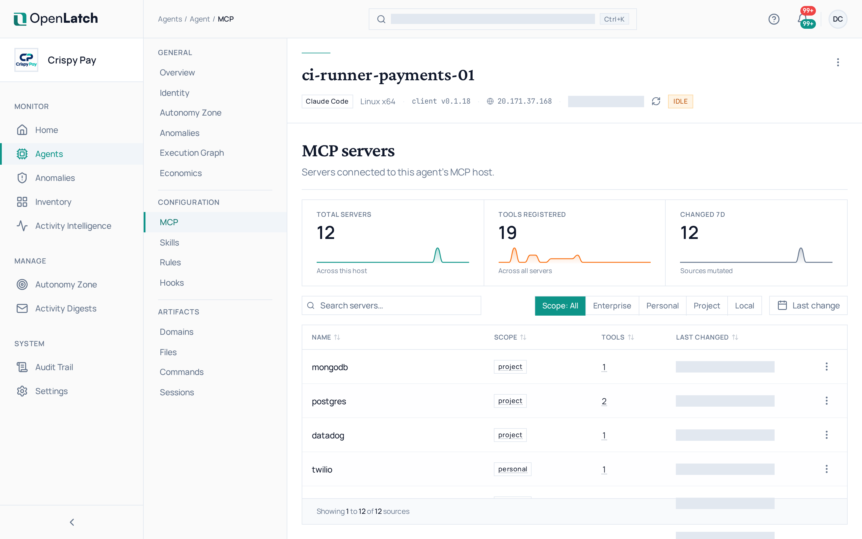 The MCP servers tab of an agent in the OpenLatch console, in the Crispy Pay demo organization.