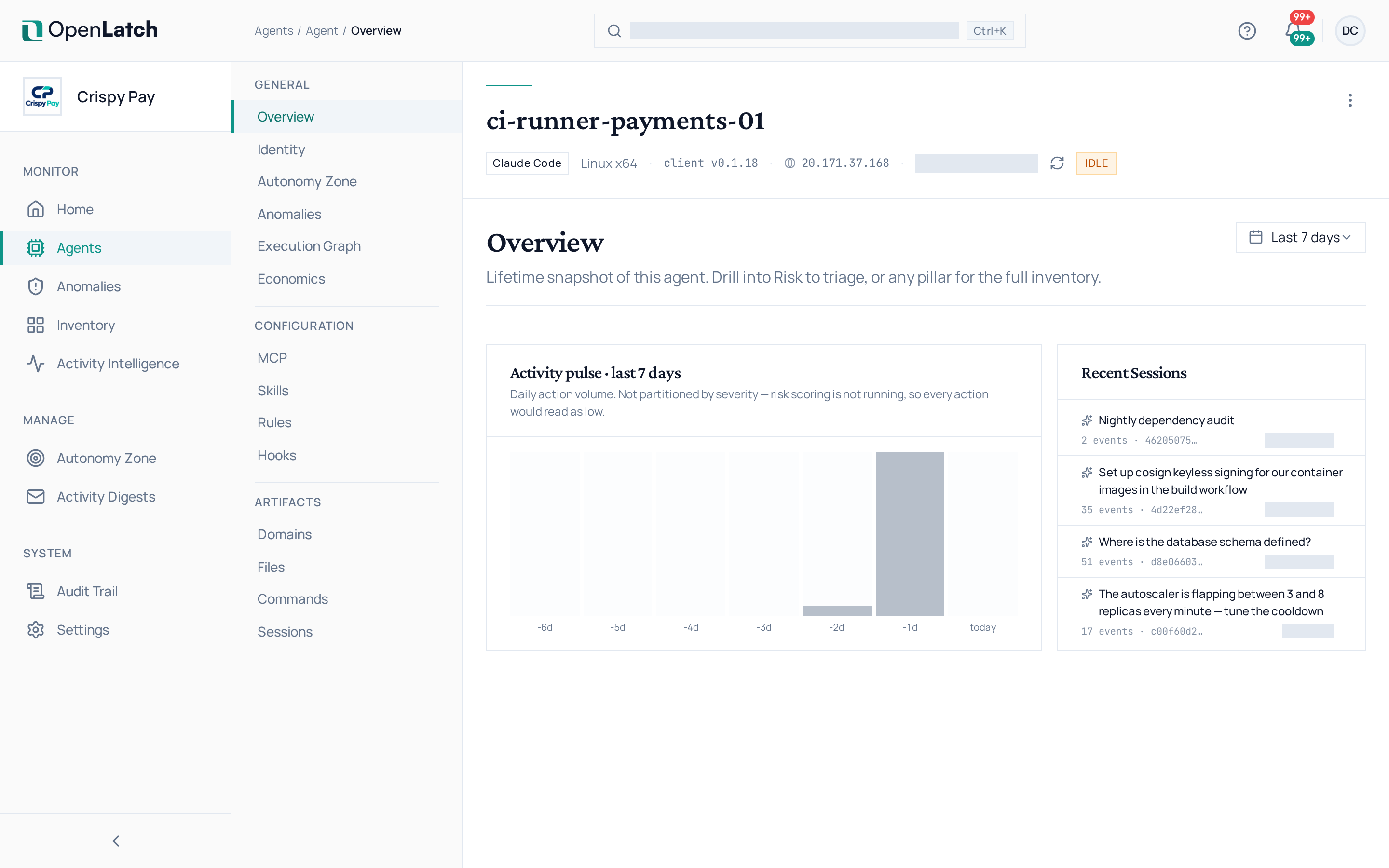 The Overview tab of an agent in the OpenLatch console, in the Crispy Pay demo organization.