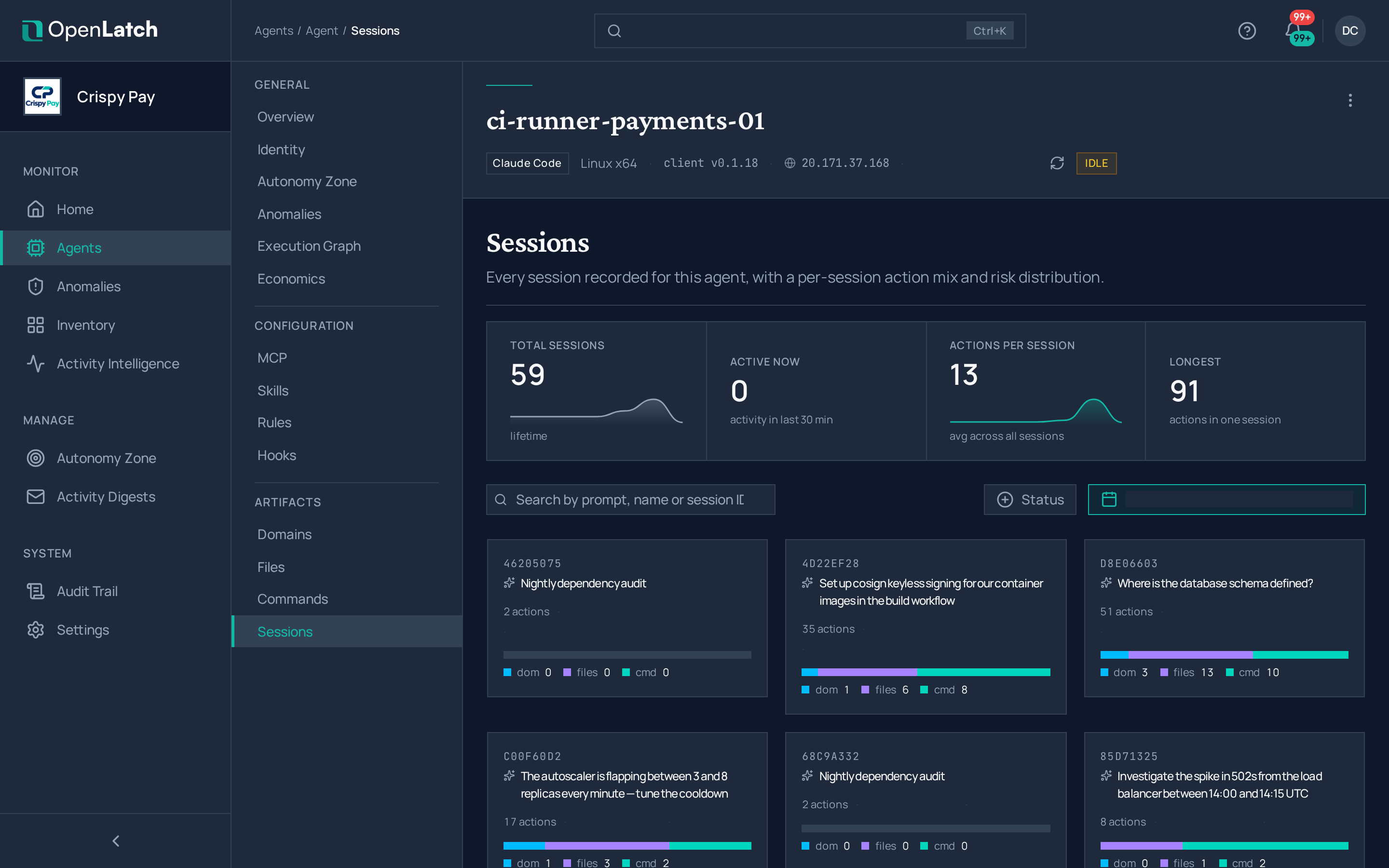 The Sessions tab of an agent in the OpenLatch console, in the Crispy Pay demo organization.