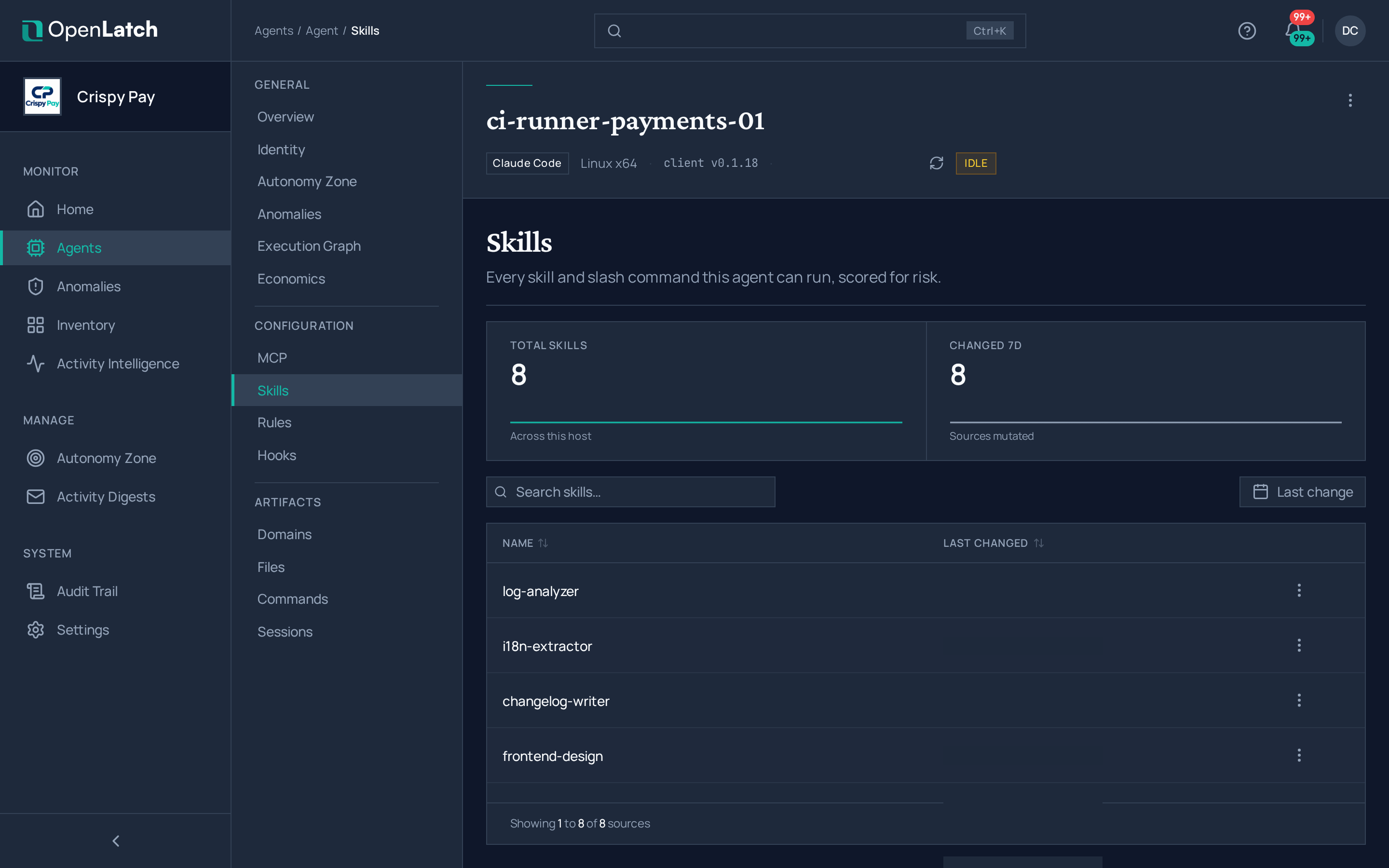 The Skills tab of an agent in the OpenLatch console, in the Crispy Pay demo organization.