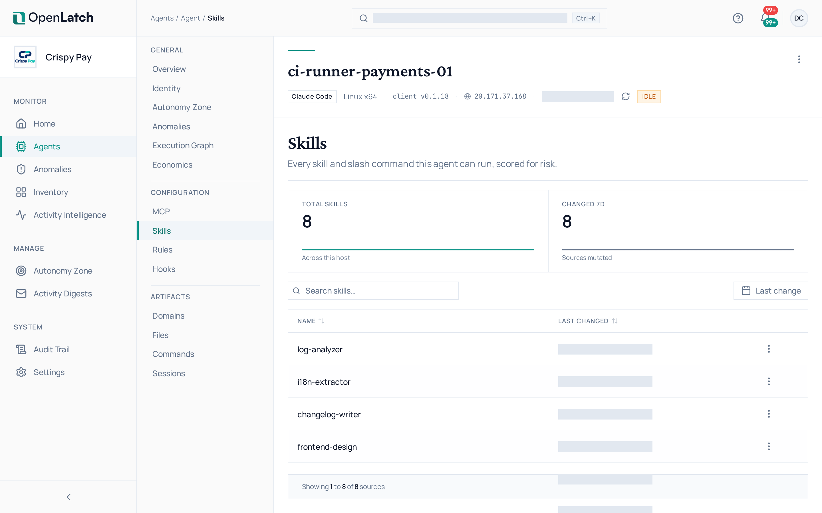 The Skills tab of an agent in the OpenLatch console, in the Crispy Pay demo organization.