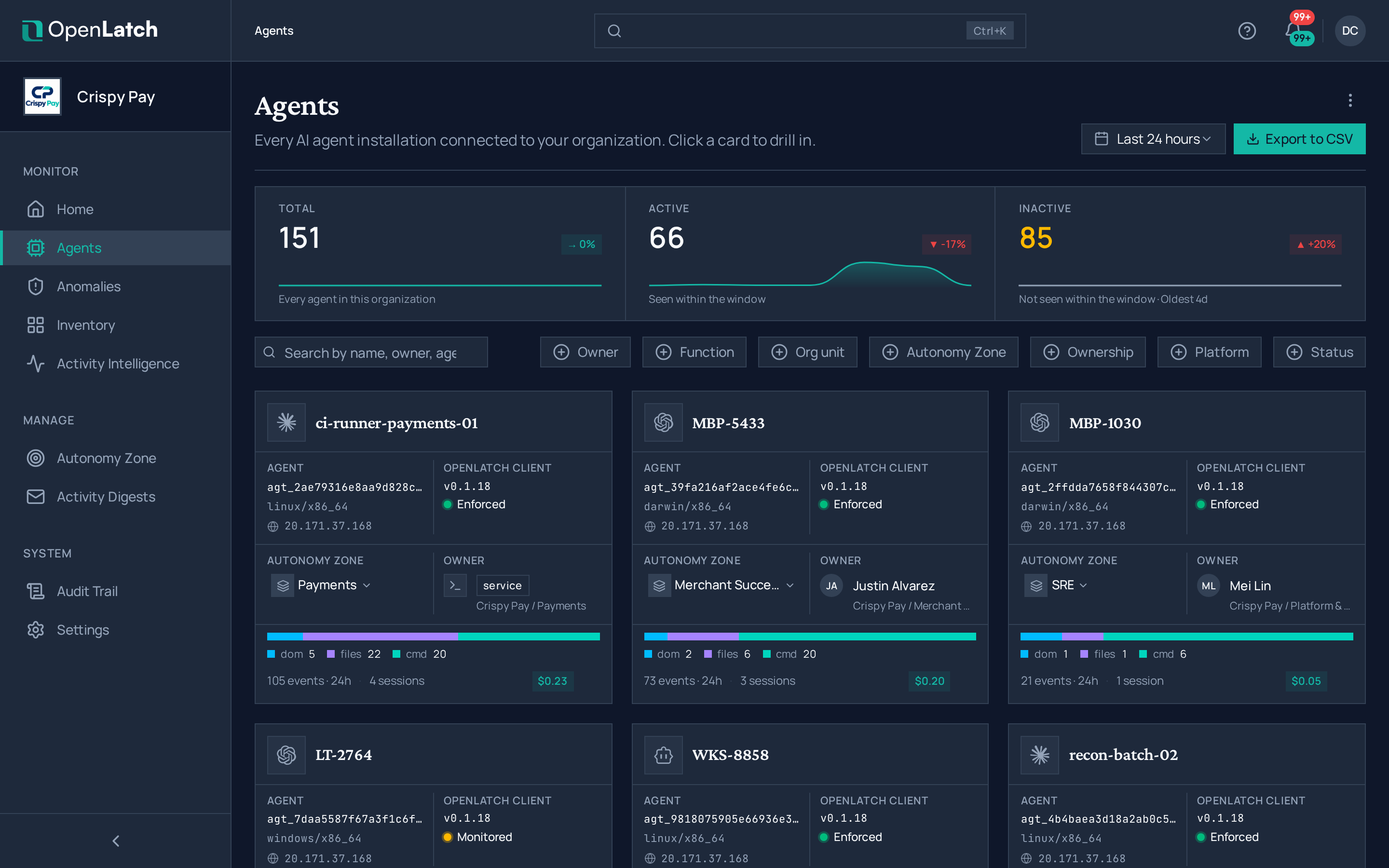 The Agents page of the OpenLatch console, in the Crispy Pay demo organization.