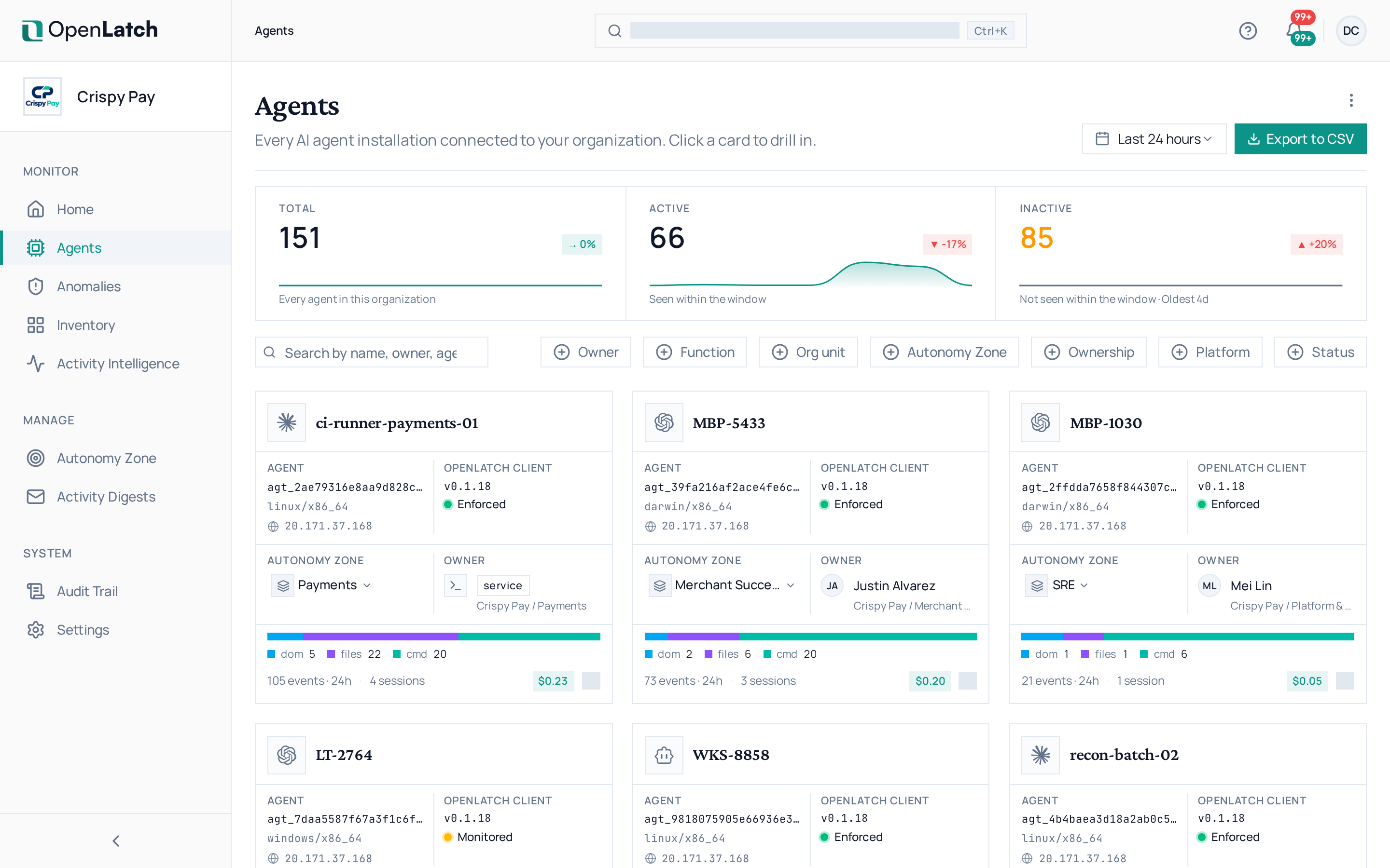 The Agents page of the OpenLatch console, in the Crispy Pay demo organization.