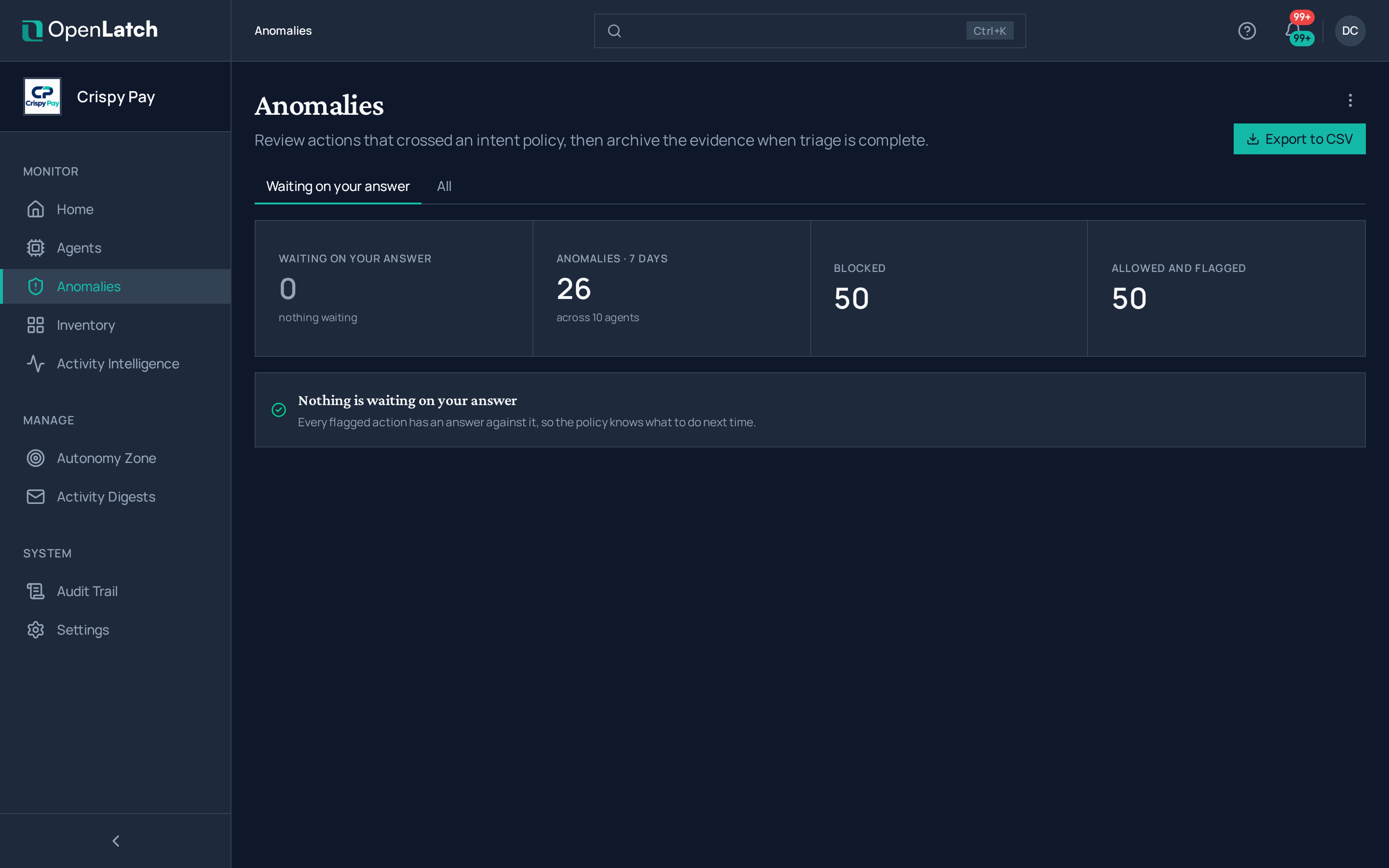 The Anomalies page of the OpenLatch console, in the Crispy Pay demo organization.