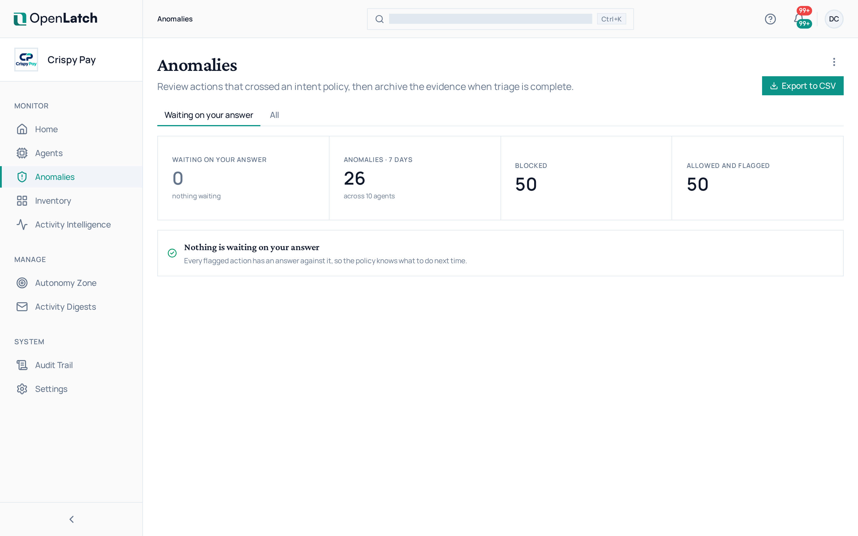 The Anomalies page of the OpenLatch console, in the Crispy Pay demo organization.