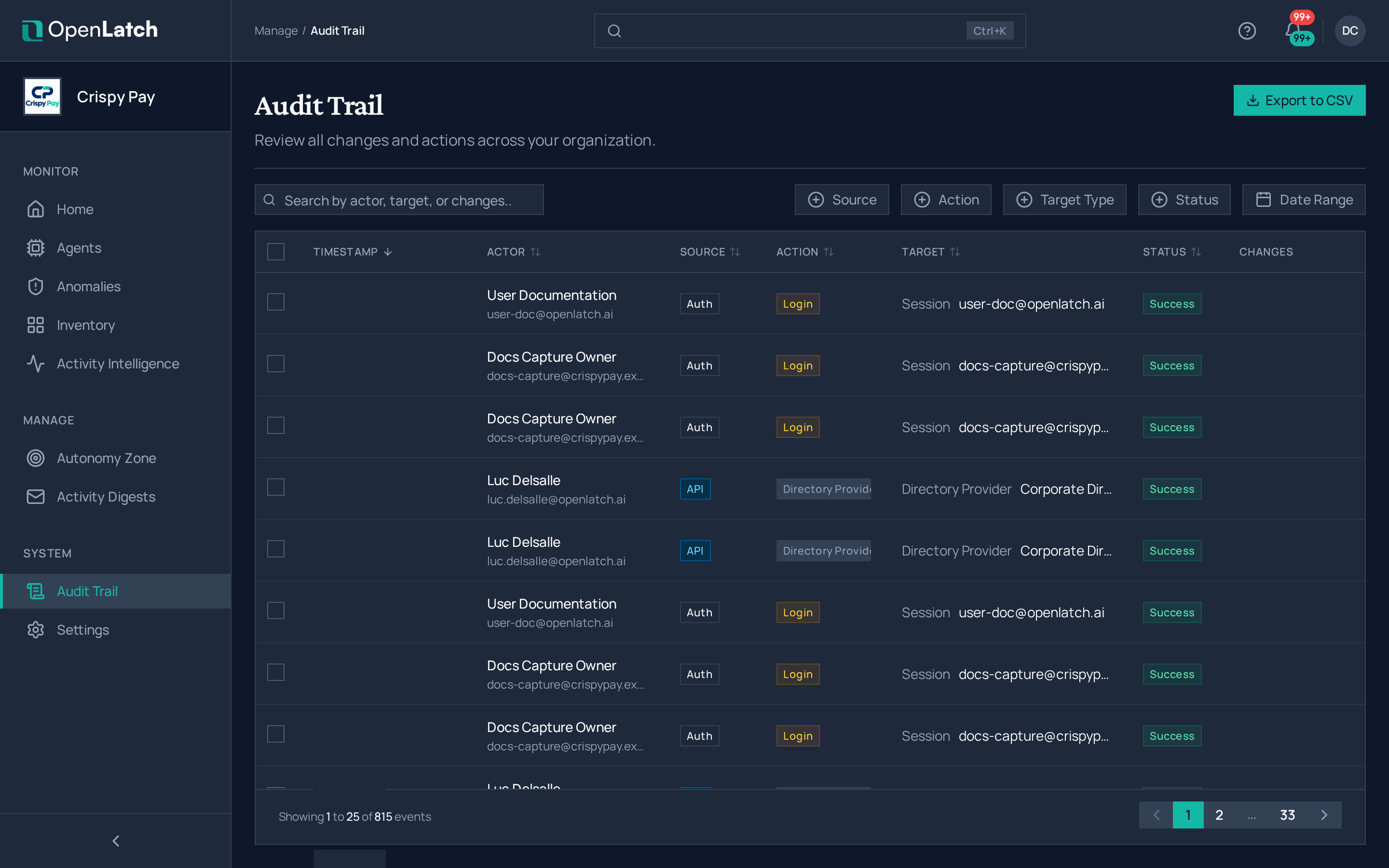 The Audit trail page of the OpenLatch console, in the Crispy Pay demo organization.