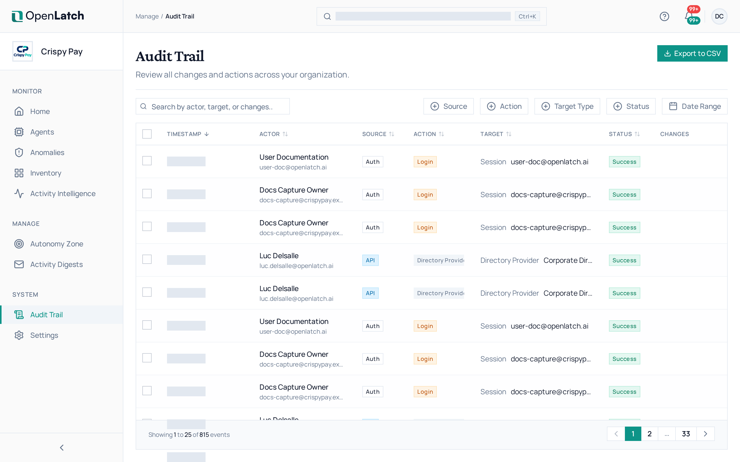 The Audit trail page of the OpenLatch console, in the Crispy Pay demo organization.