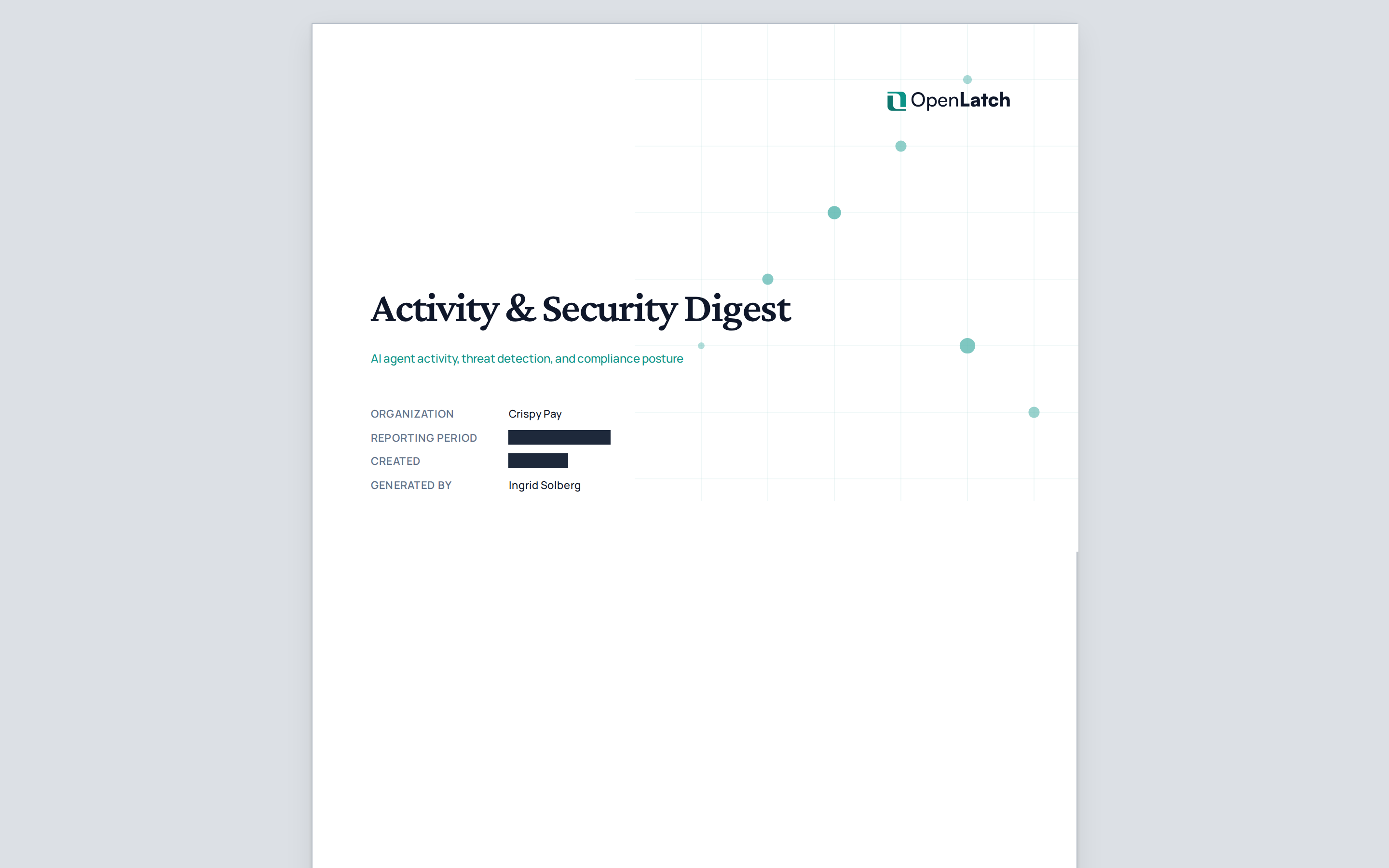 The Digest report page of the OpenLatch console, in the Crispy Pay demo organization.