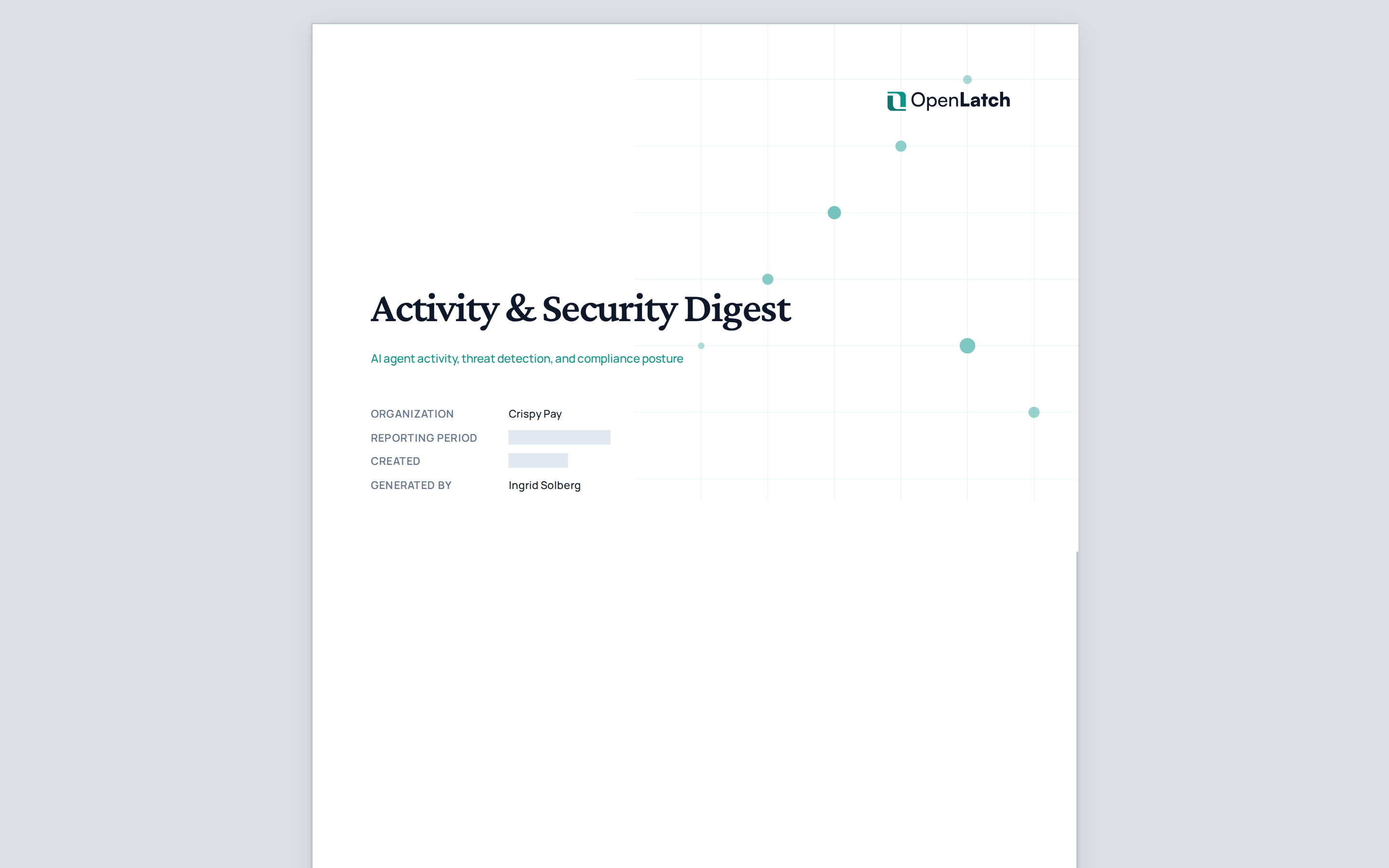 The Digest report page of the OpenLatch console, in the Crispy Pay demo organization.
