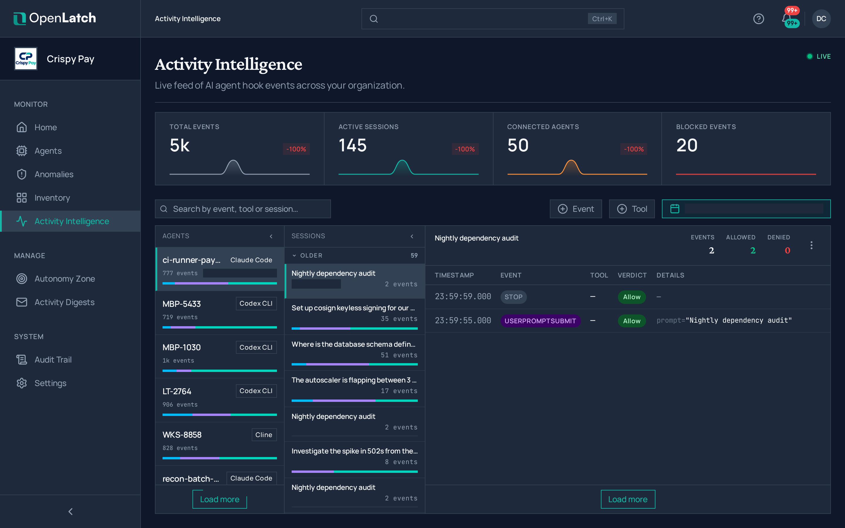 The Events page of the OpenLatch console, in the Crispy Pay demo organization.