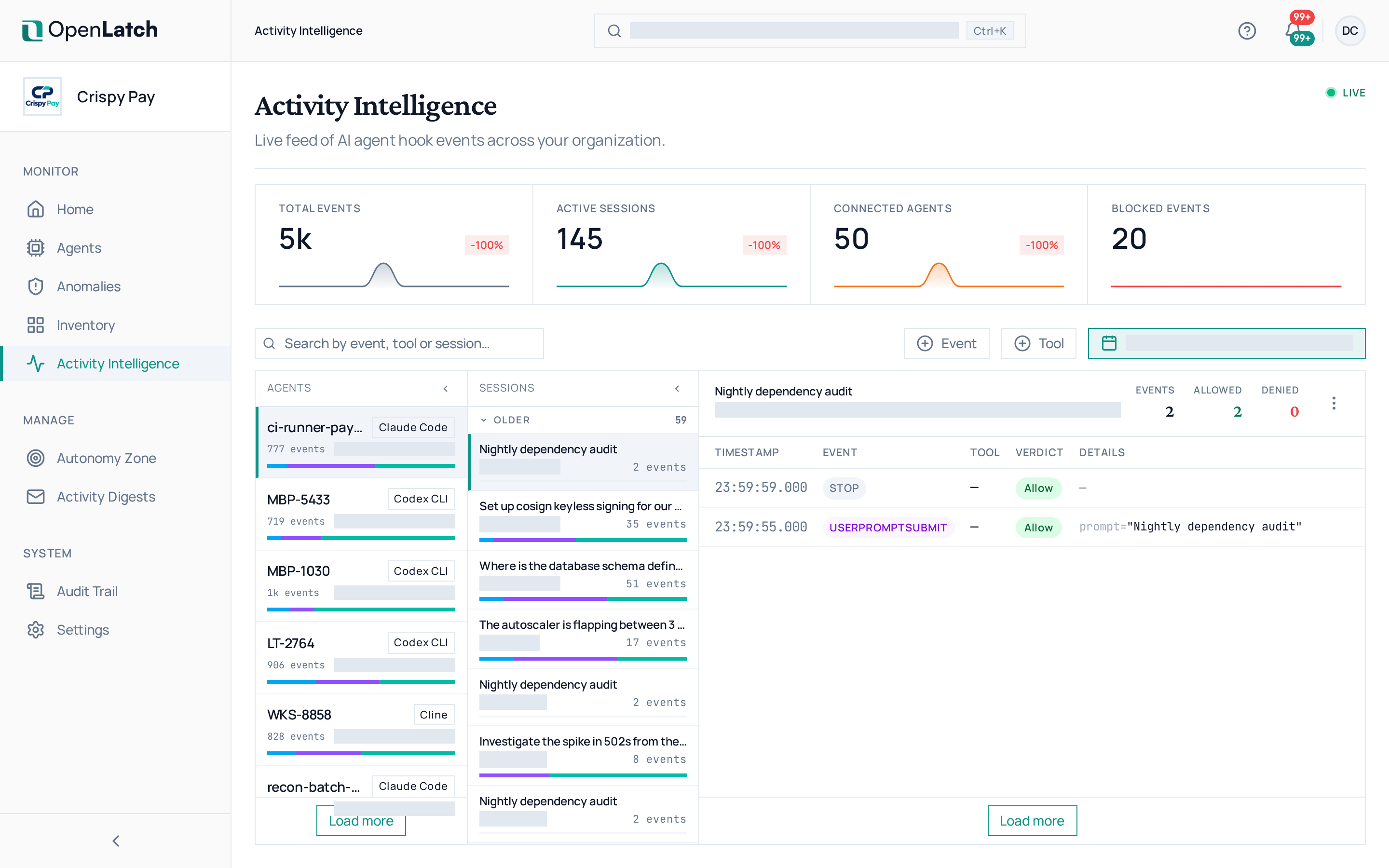 The Events page of the OpenLatch console, in the Crispy Pay demo organization.