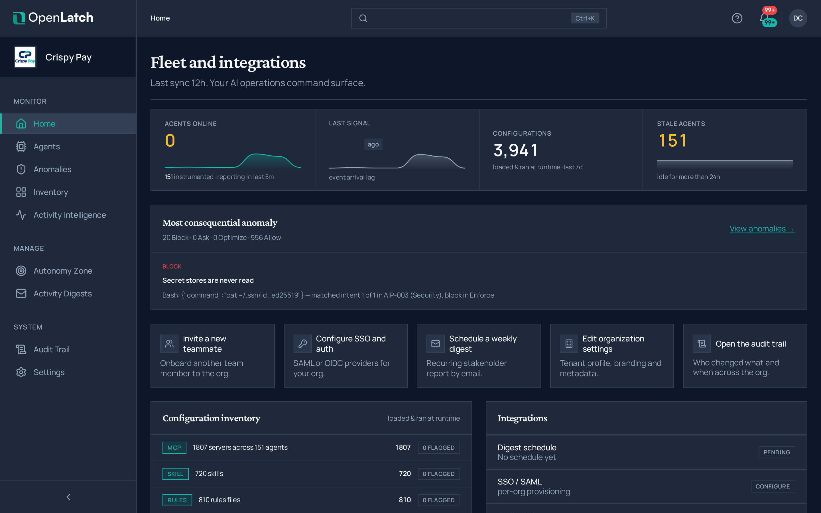 The Home page of the OpenLatch console, in the Crispy Pay demo organization.