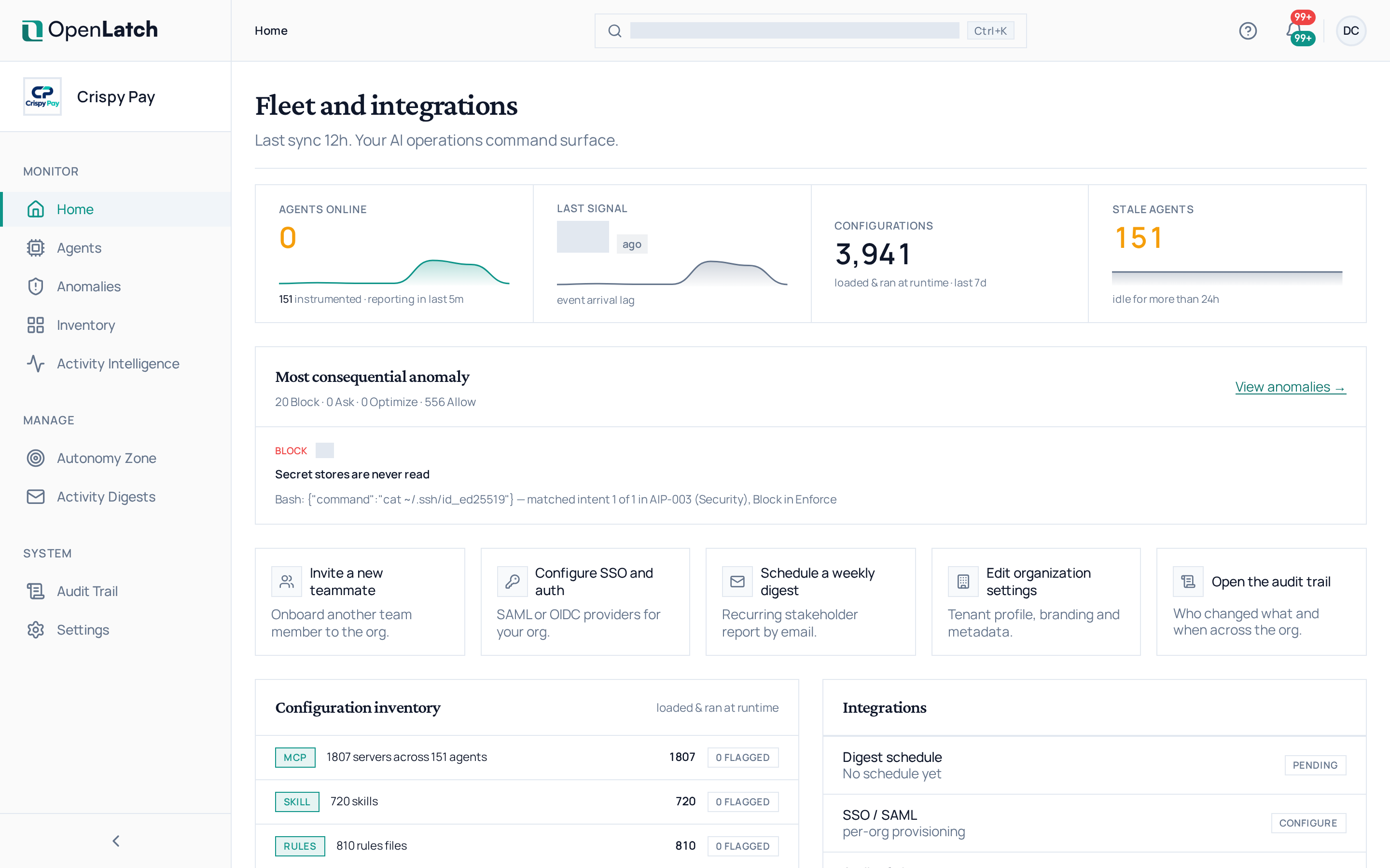The Home page of the OpenLatch console, in the Crispy Pay demo organization.