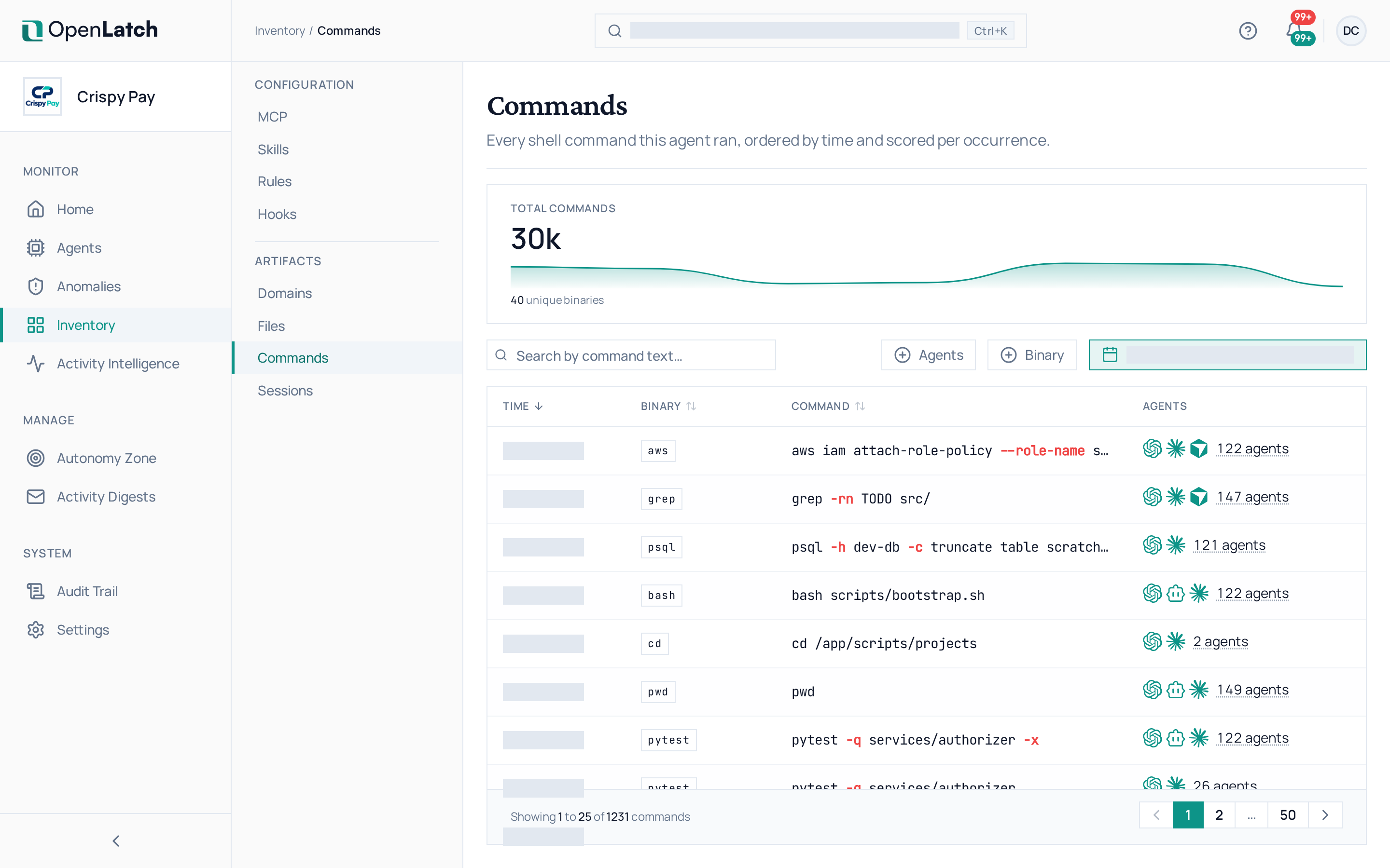 The Commands inventory page of the OpenLatch console, in the Crispy Pay demo organization.