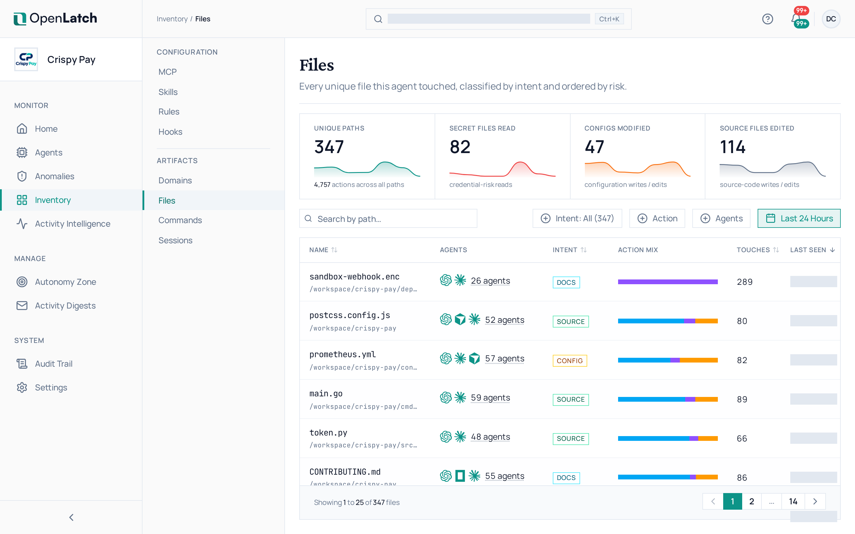 The Files inventory page of the OpenLatch console, in the Crispy Pay demo organization.