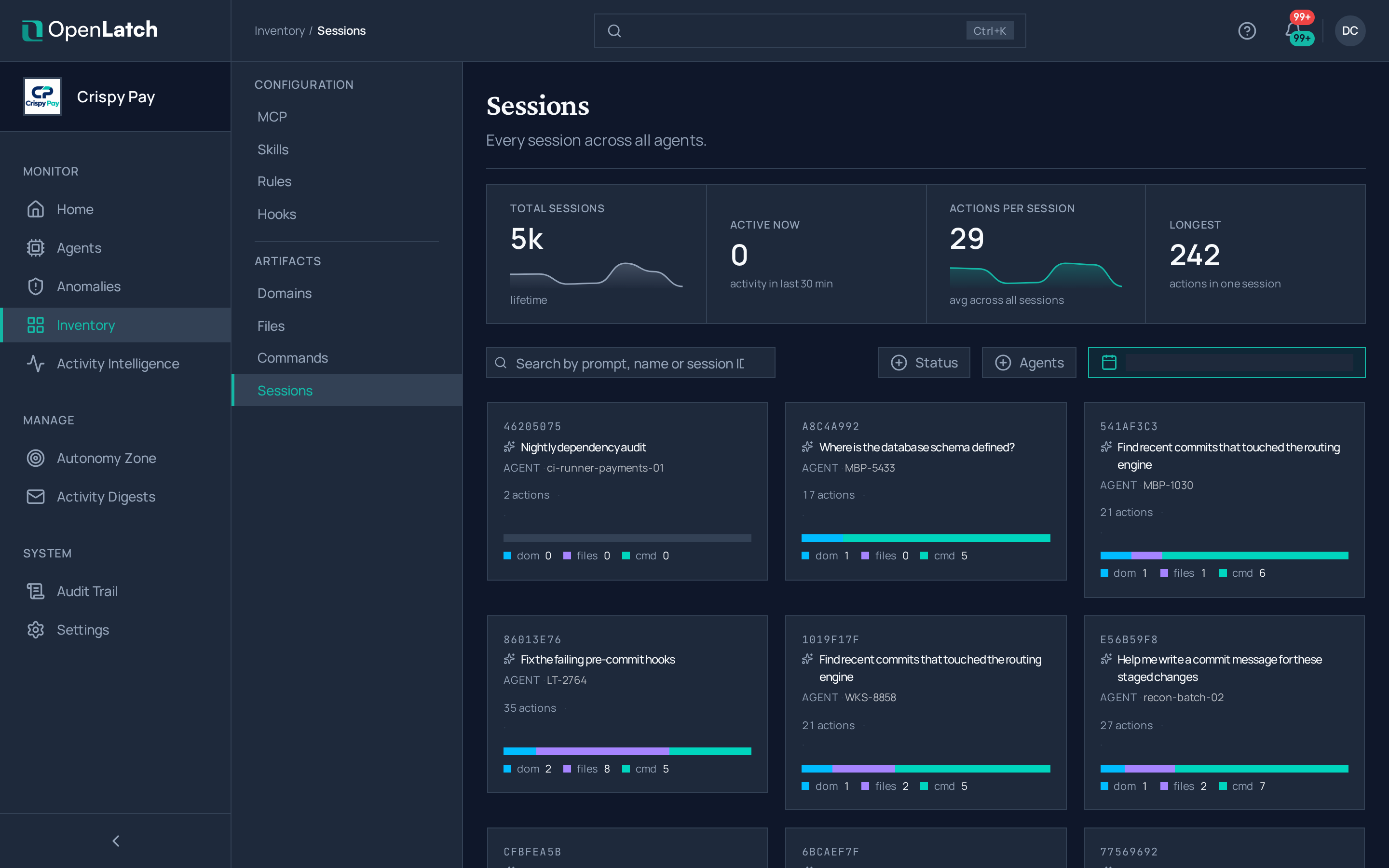 The Sessions inventory page of the OpenLatch console, in the Crispy Pay demo organization.