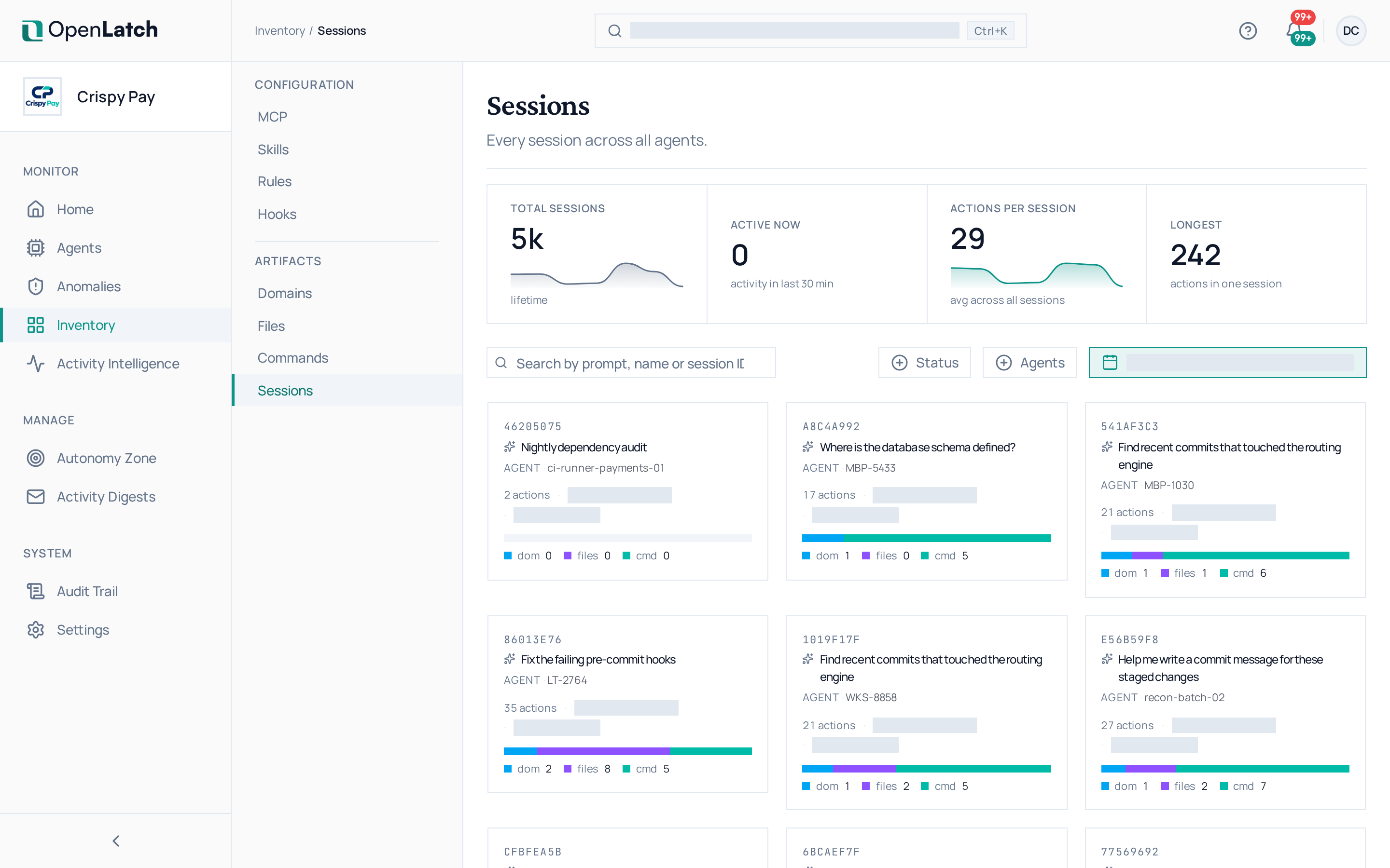 The Sessions inventory page of the OpenLatch console, in the Crispy Pay demo organization.