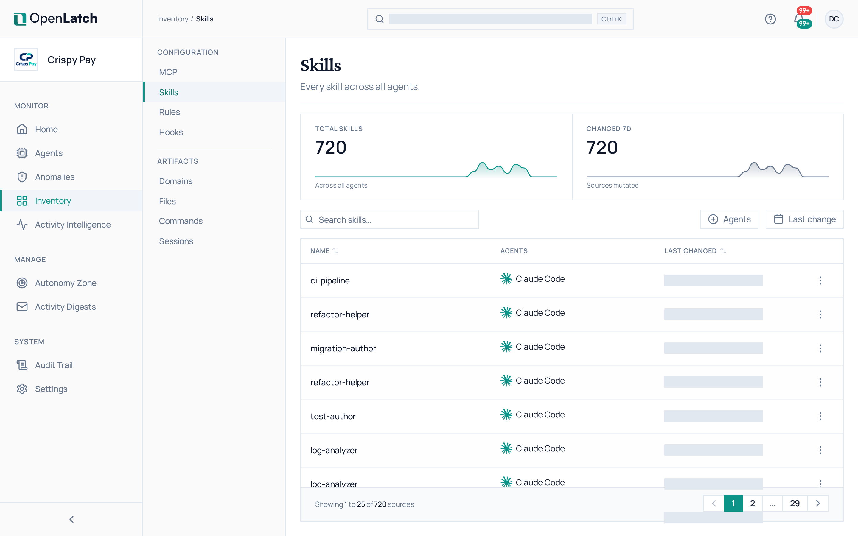 The Skills inventory page of the OpenLatch console, in the Crispy Pay demo organization.