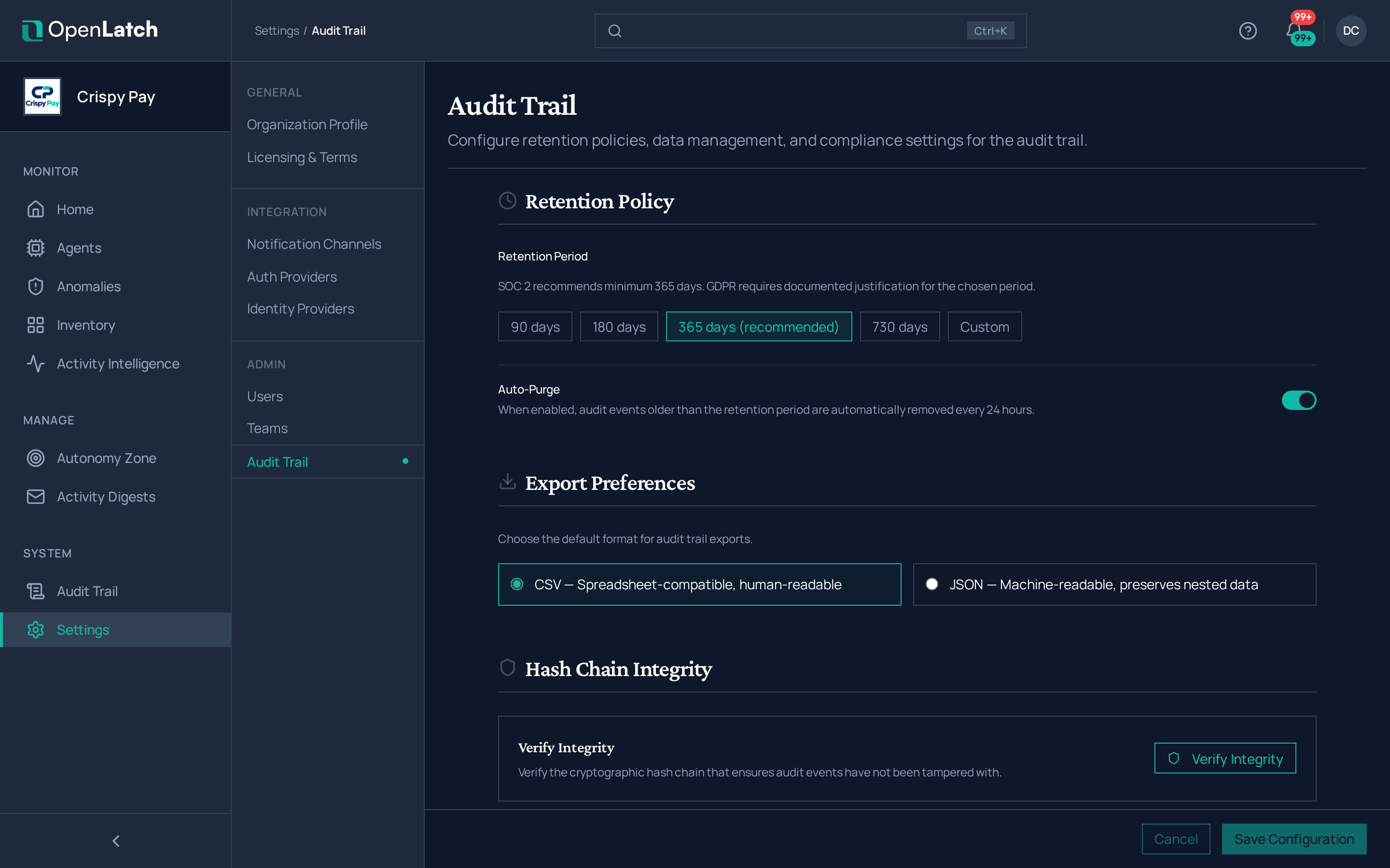 The Audit trail settings page of the OpenLatch console, in the Crispy Pay demo organization.