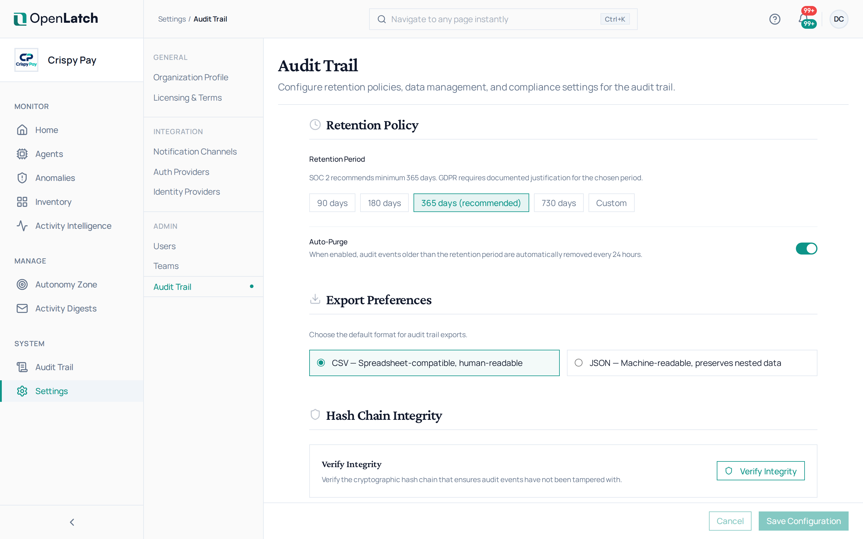 The Audit trail settings page of the OpenLatch console, in the Crispy Pay demo organization.