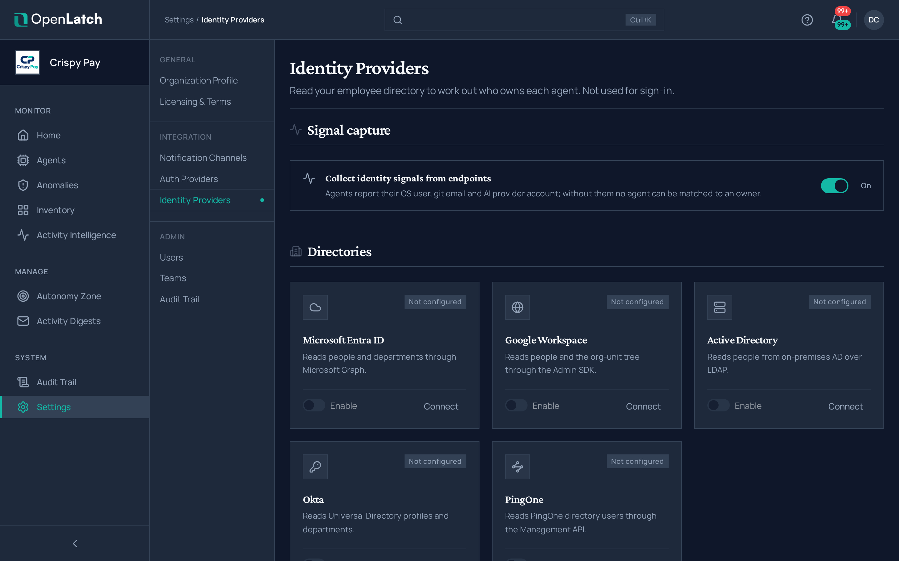 The Identity providers settings page of the OpenLatch console, in the Crispy Pay demo organization.