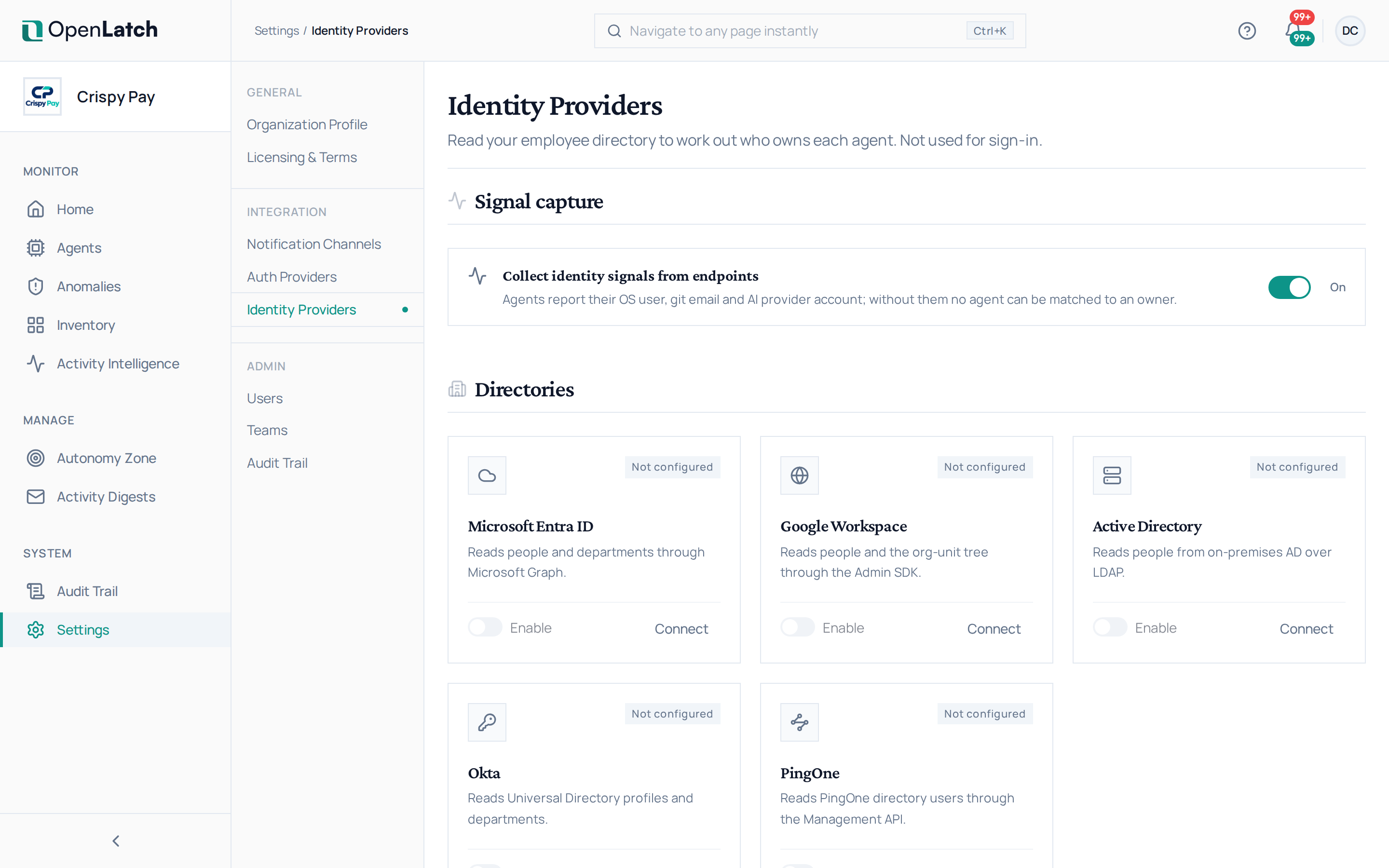 The Identity providers settings page of the OpenLatch console, in the Crispy Pay demo organization.