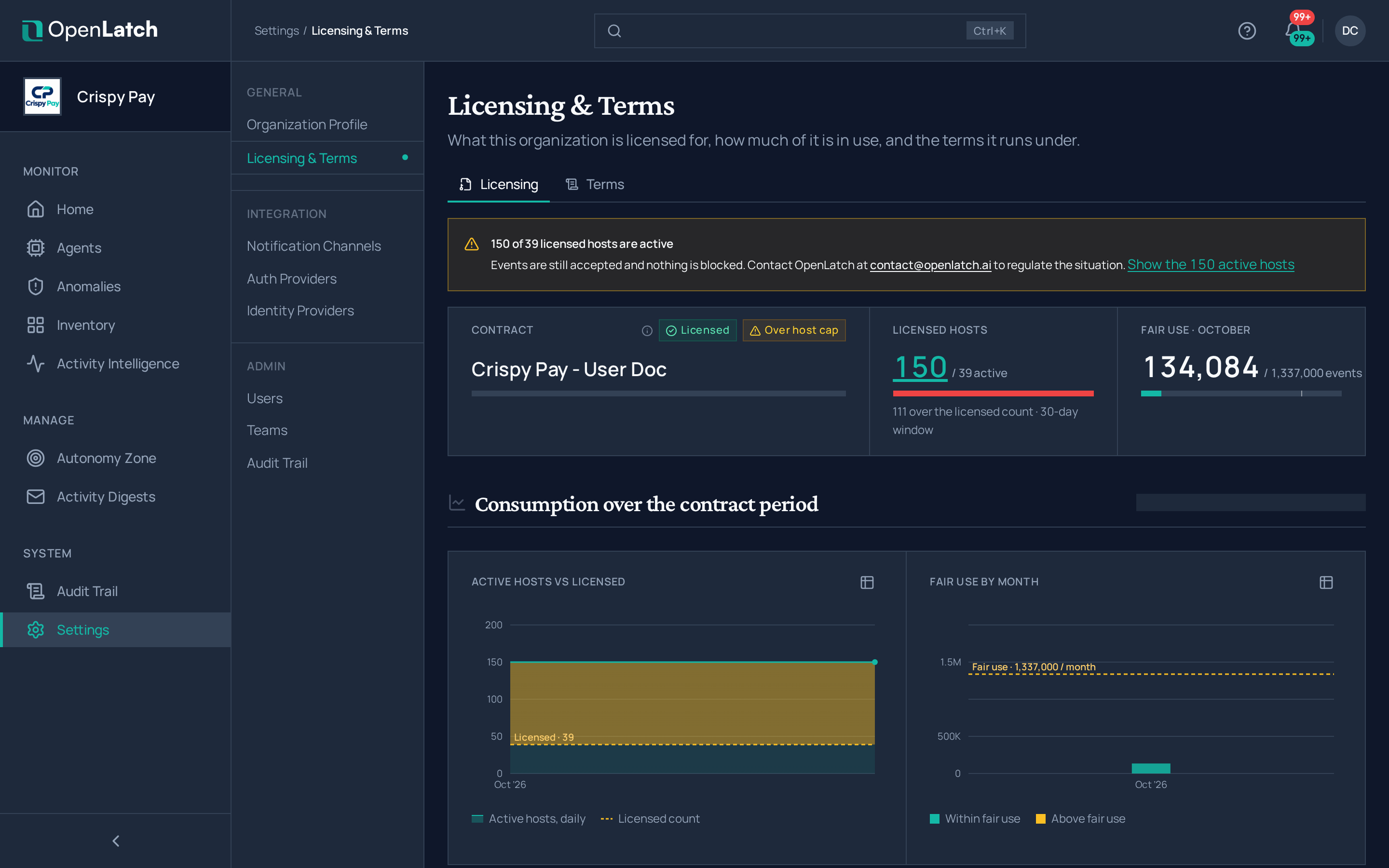 The Licensing settings page of the OpenLatch console, in the Crispy Pay demo organization.