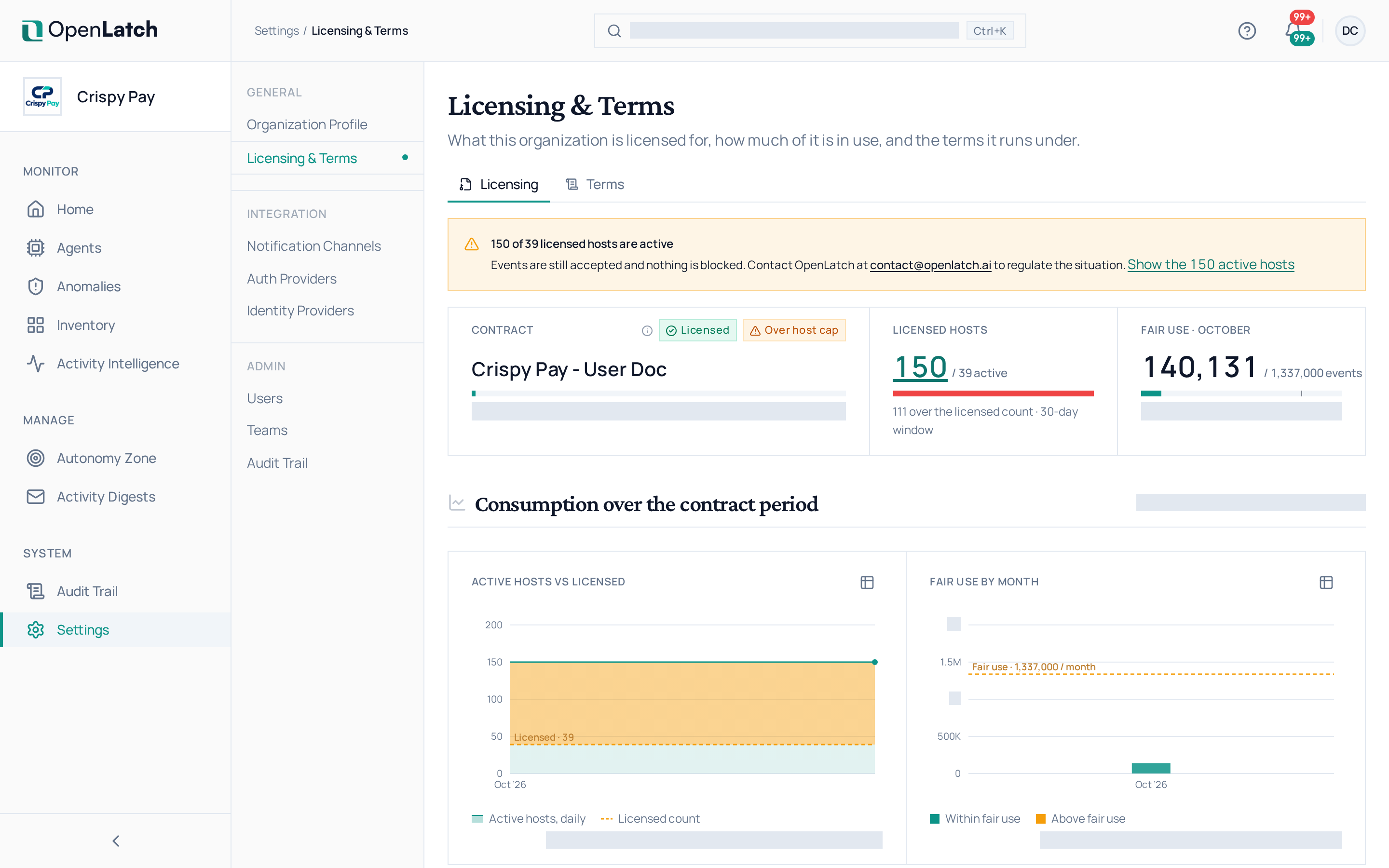 The Licensing settings page of the OpenLatch console, in the Crispy Pay demo organization.