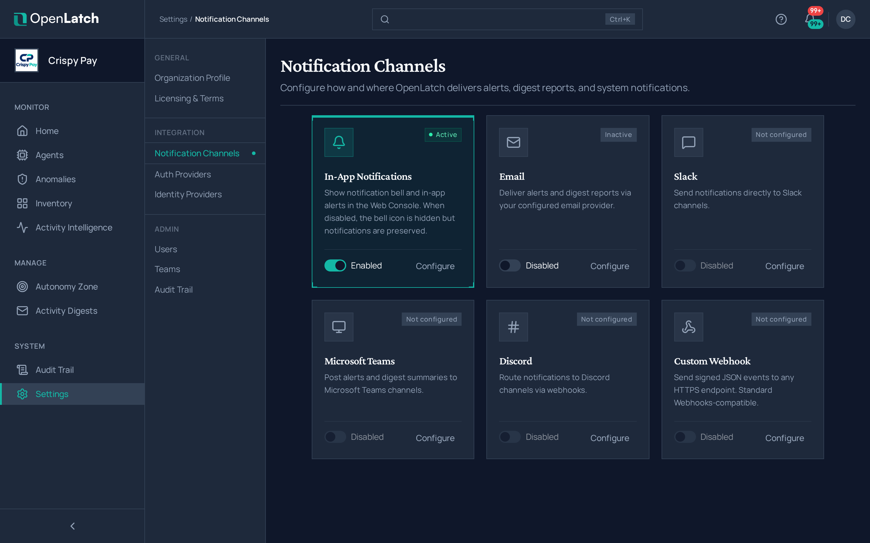 The Notifications settings page of the OpenLatch console, in the Crispy Pay demo organization.