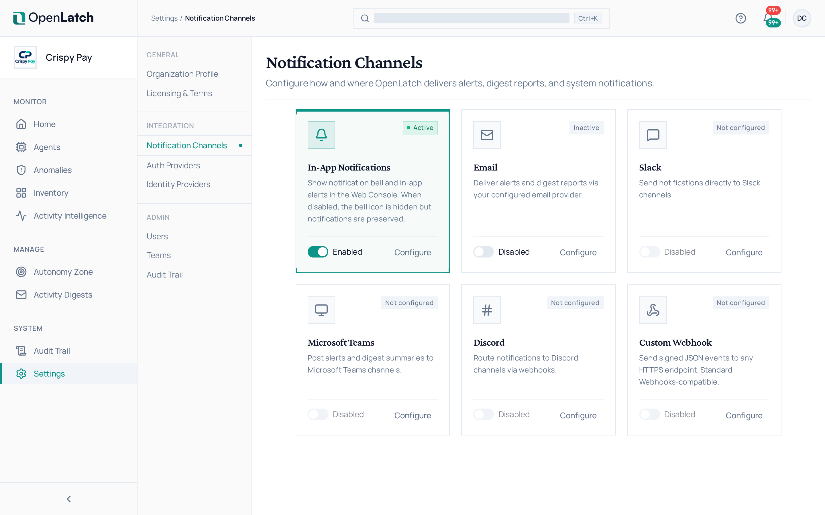The Notifications settings page of the OpenLatch console, in the Crispy Pay demo organization.