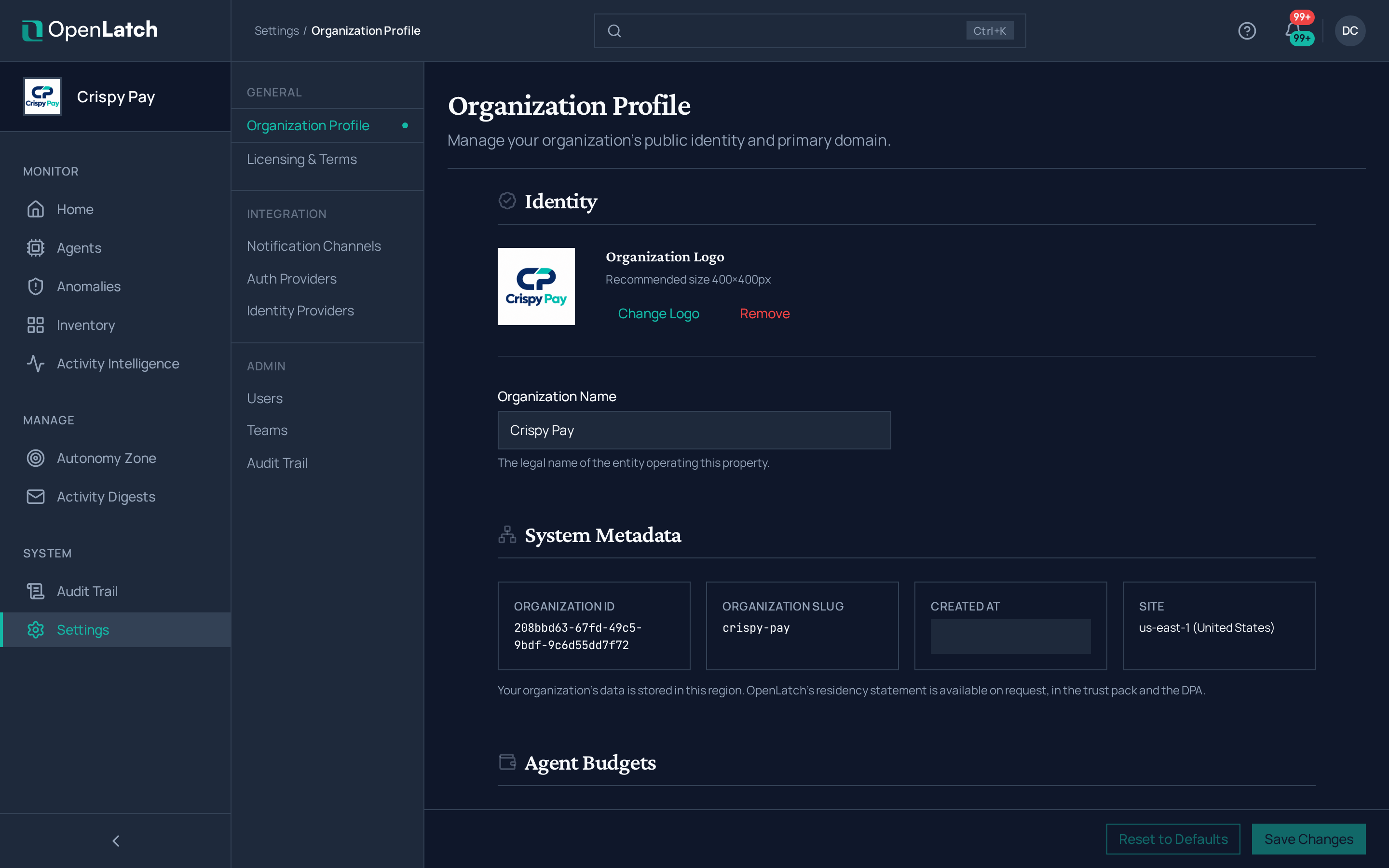 The Organization profile page of the OpenLatch console, in the Crispy Pay demo organization.