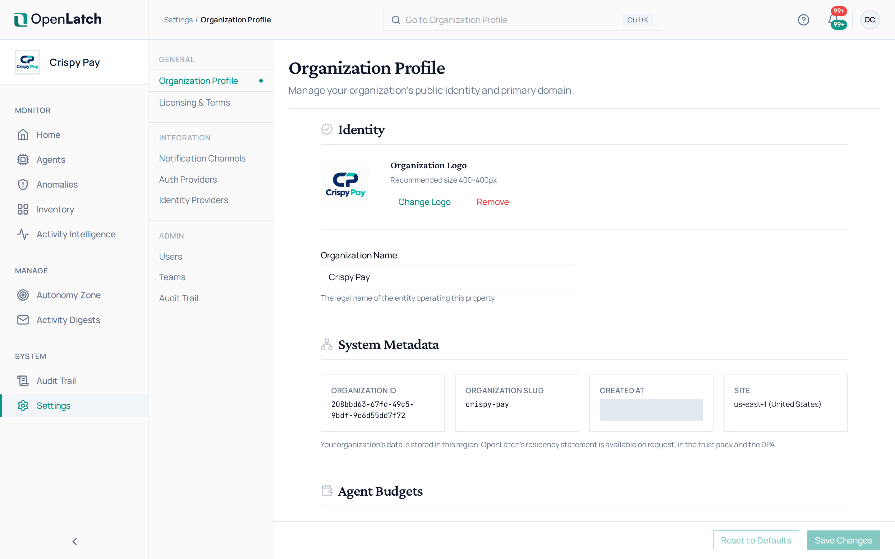 The Organization profile page of the OpenLatch console, in the Crispy Pay demo organization.