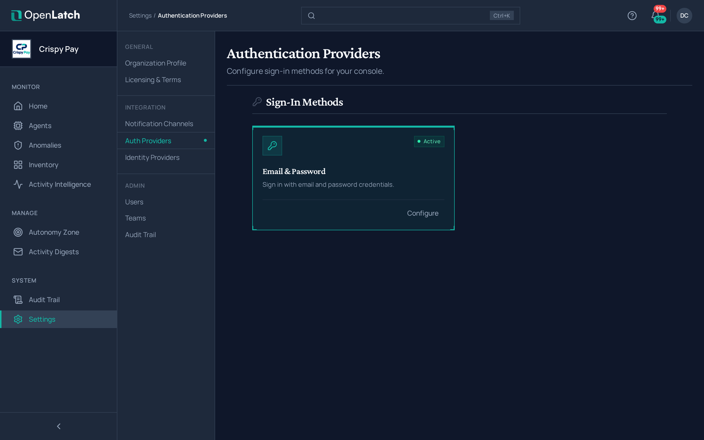 The SAML SSO settings page of the OpenLatch console, in the Crispy Pay demo organization.